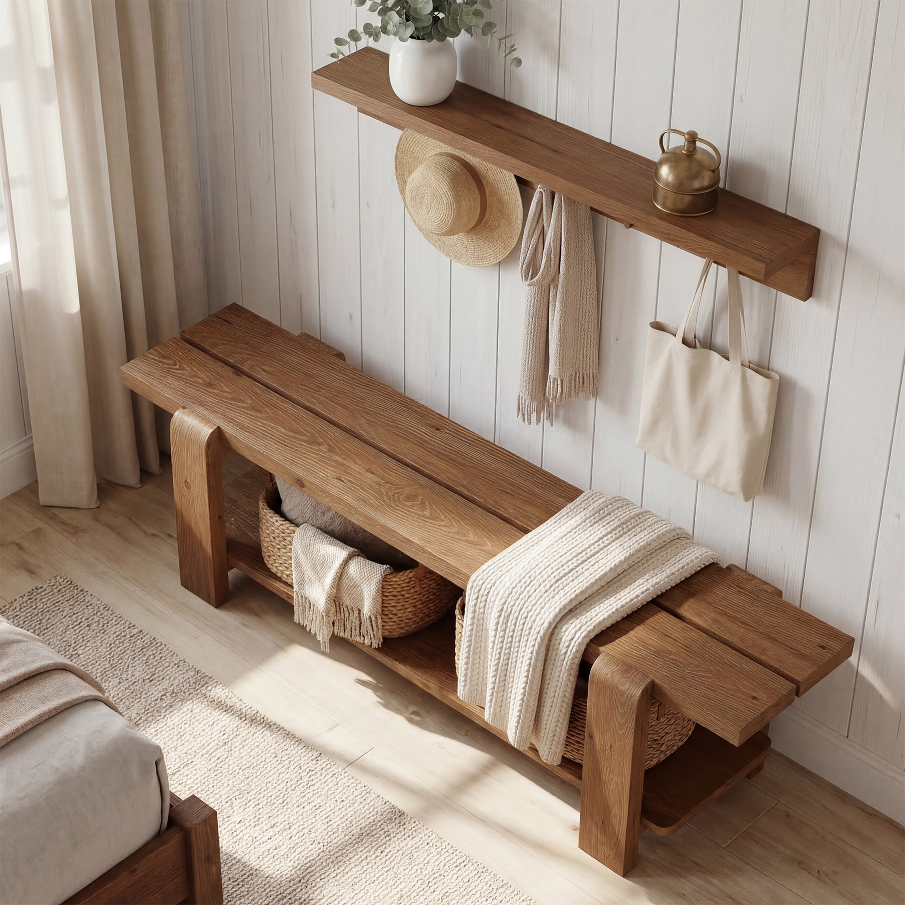 Tribesigns 63-Inch Solid Wood Entryway Bench, Shoe Storage Bench with 2-Tier Shelf for Hallway