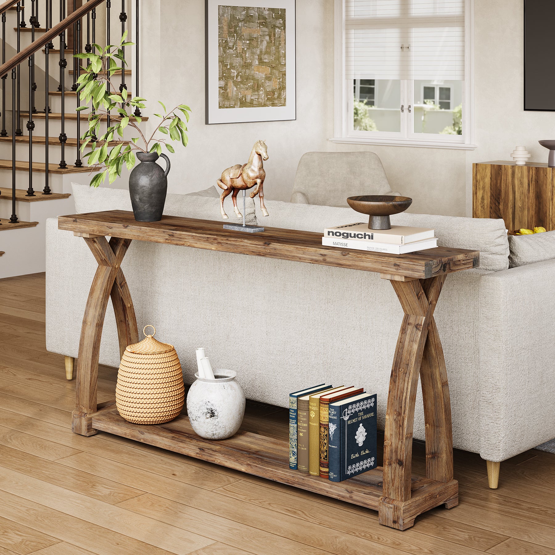 Tribesigns 63-Inch Solid Wood Console Table, Narrow Farmhouse Design with 2-Tier Storage for Entryway and Living Room