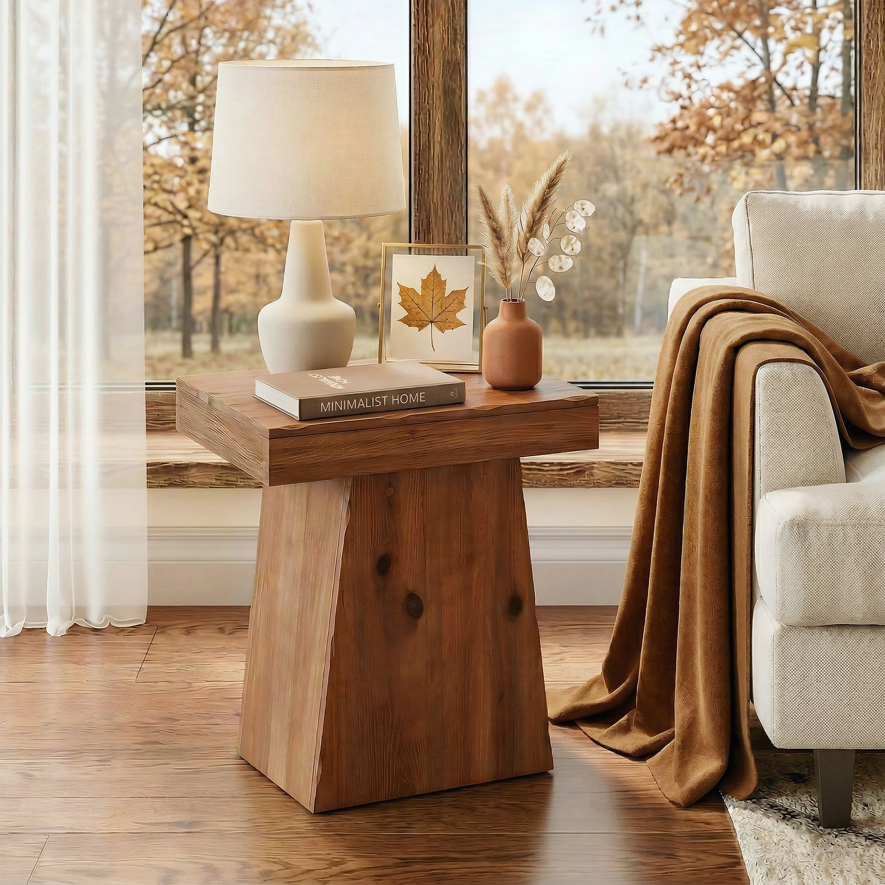 Tribesigns 23.6 Inch Solid Wood Side Table with Trapezoid Base, Rustic End Table for Small Spaces