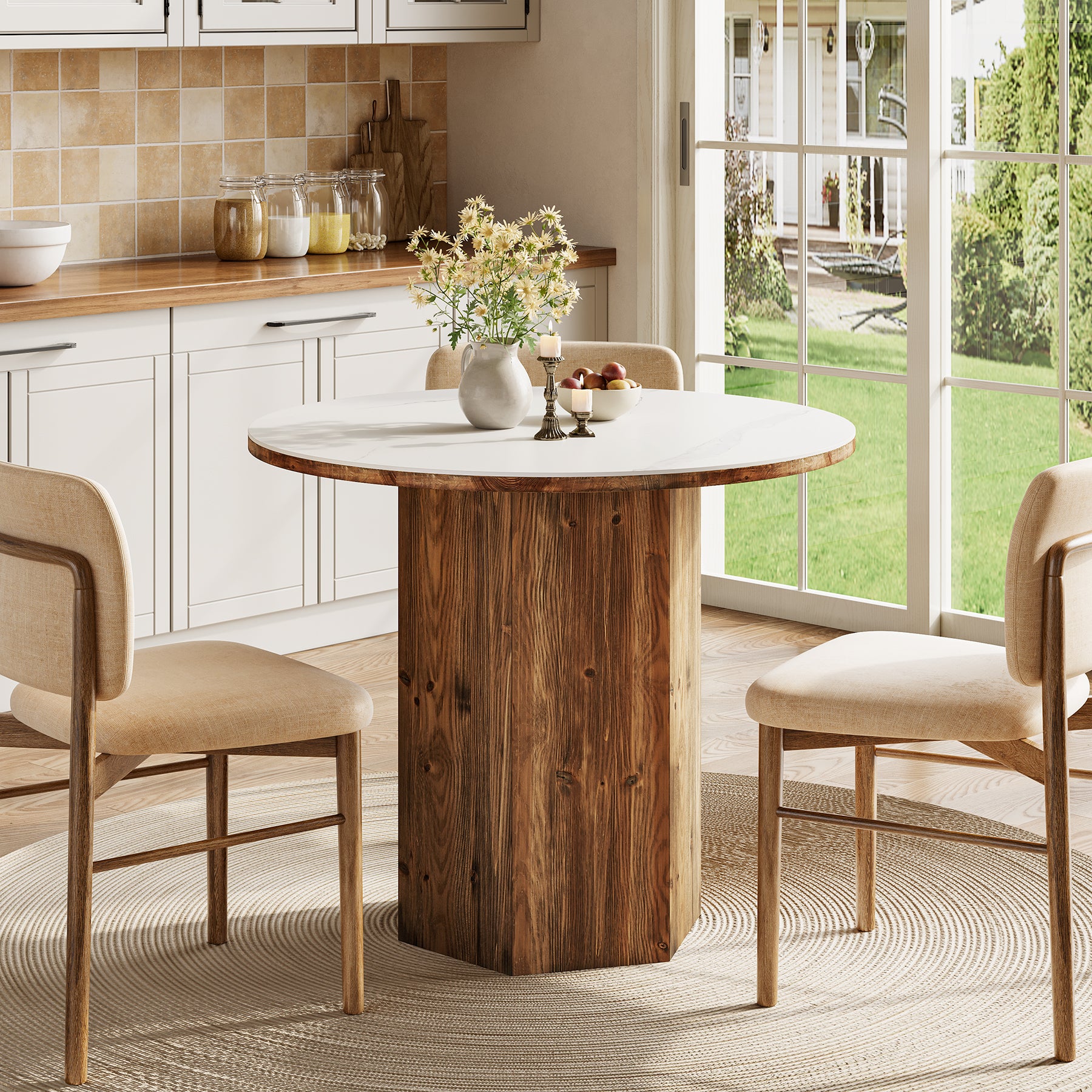 31.5 Inch Round Dining Table for 2–3, Sintered Stone Bistro Table with Solid Wood Base