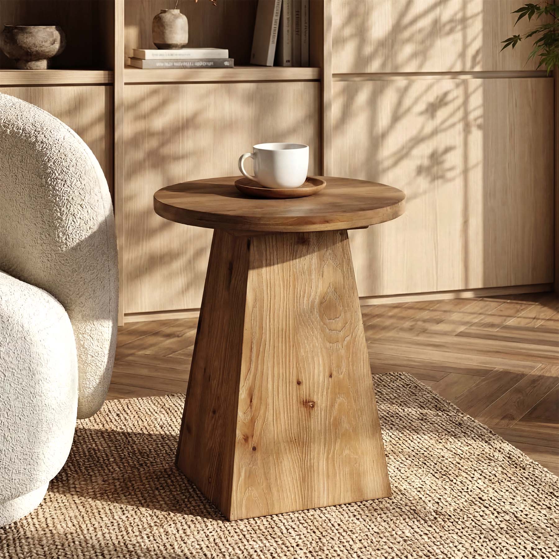 Tribesigns 18.9-Inch Round Solid Wood End Table with Trapezoid Base