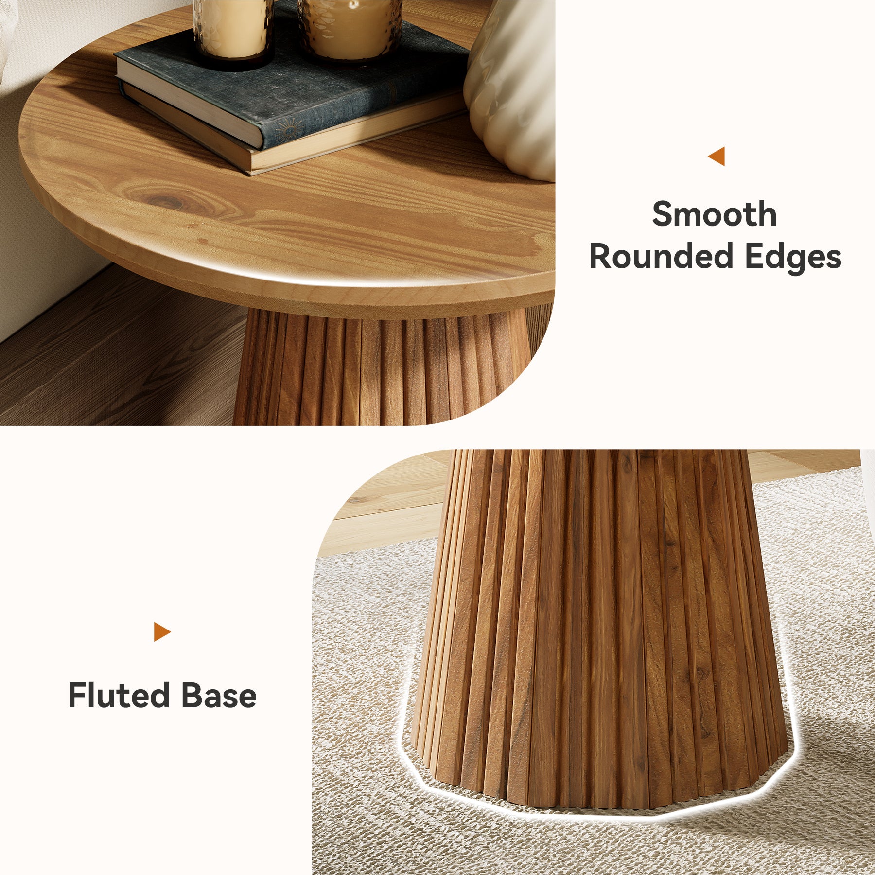 Tribesigns 19.7-Inch Solid Wood End Table with Fluted Base, Small Round Side Table for Small Spaces