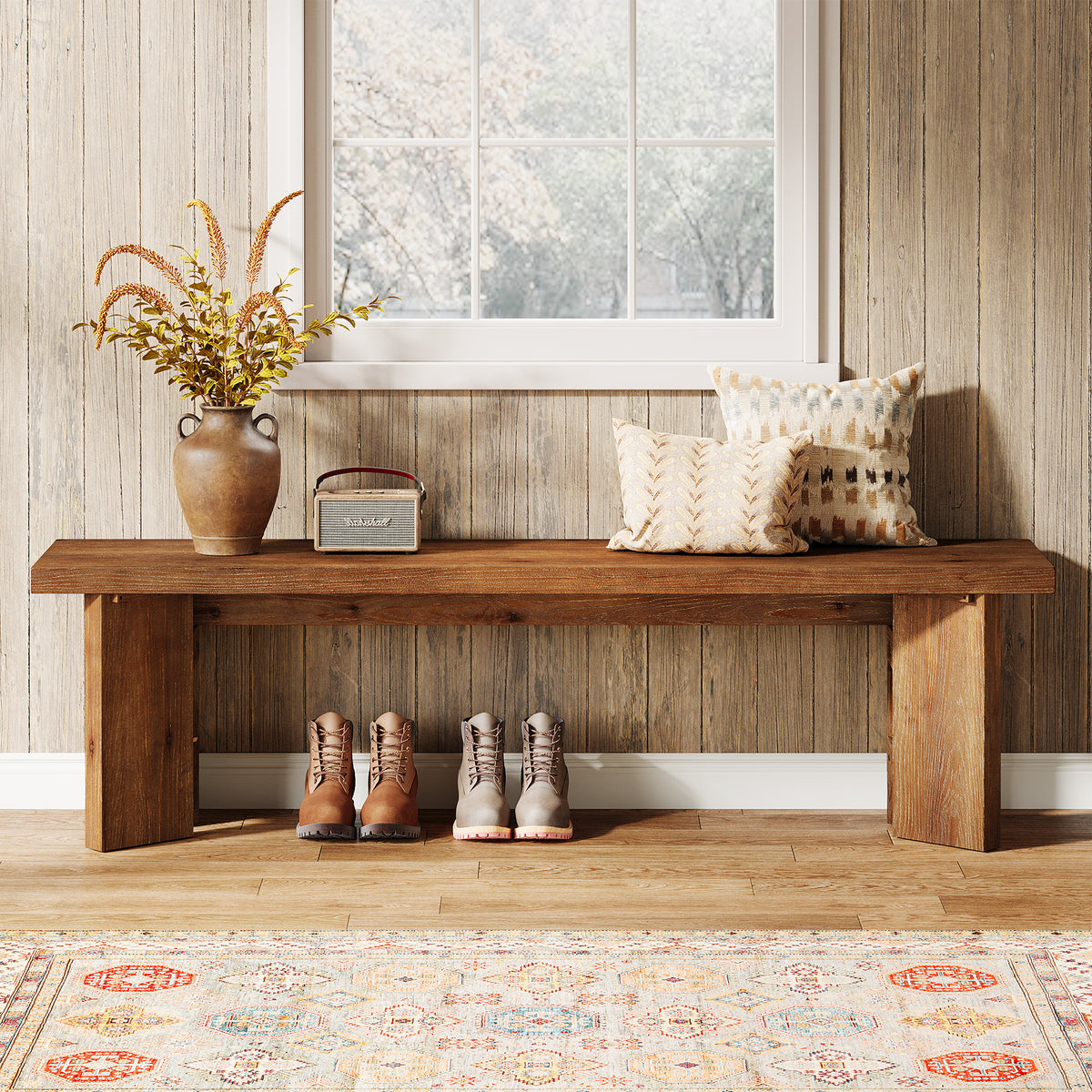 Tribesigns 63 Inch Solid Wood Entryway Bench with Thickened Legs