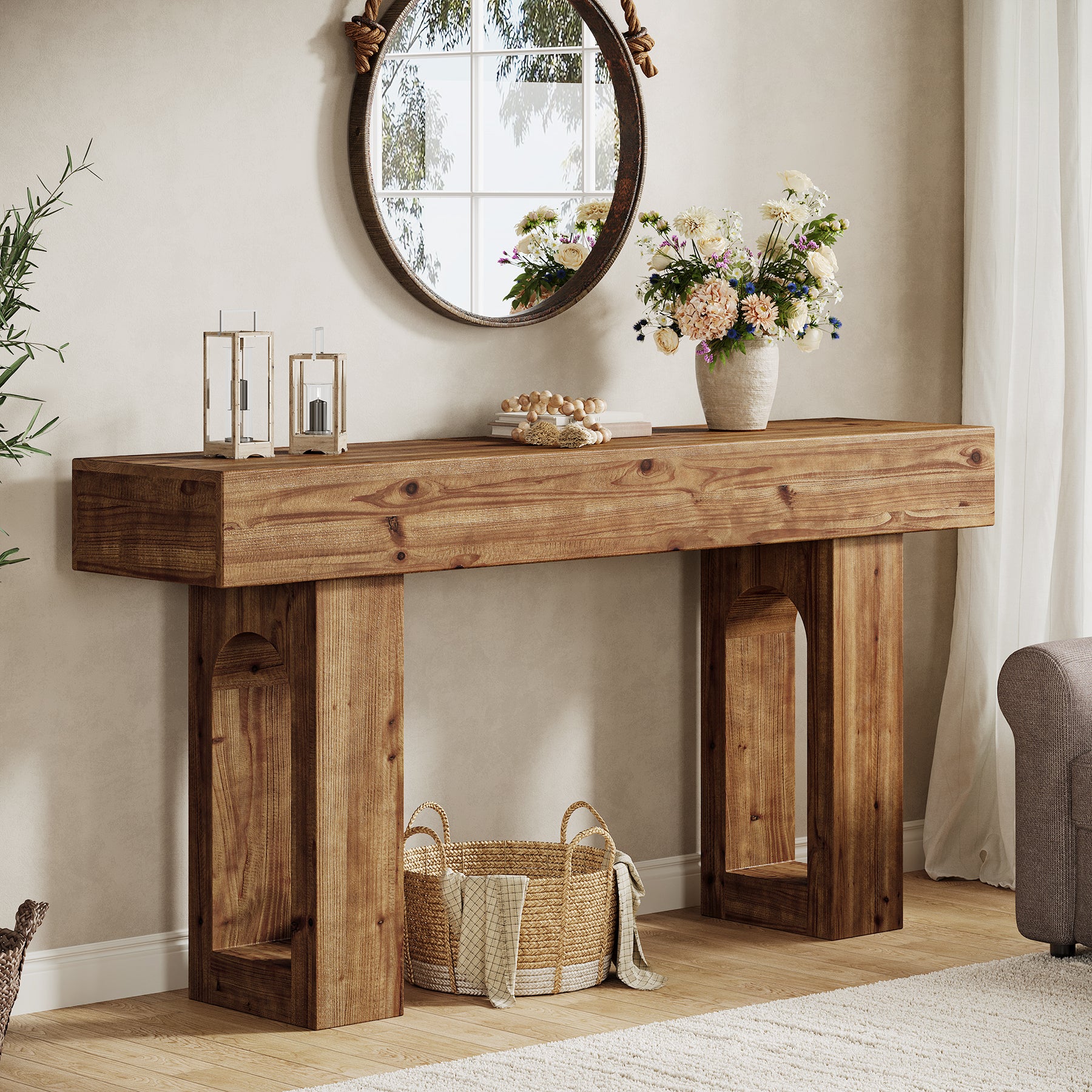 63" Solid Wood Console Table for Entryway, Farmhouse Sofa Table Behind Couch for Living Room
