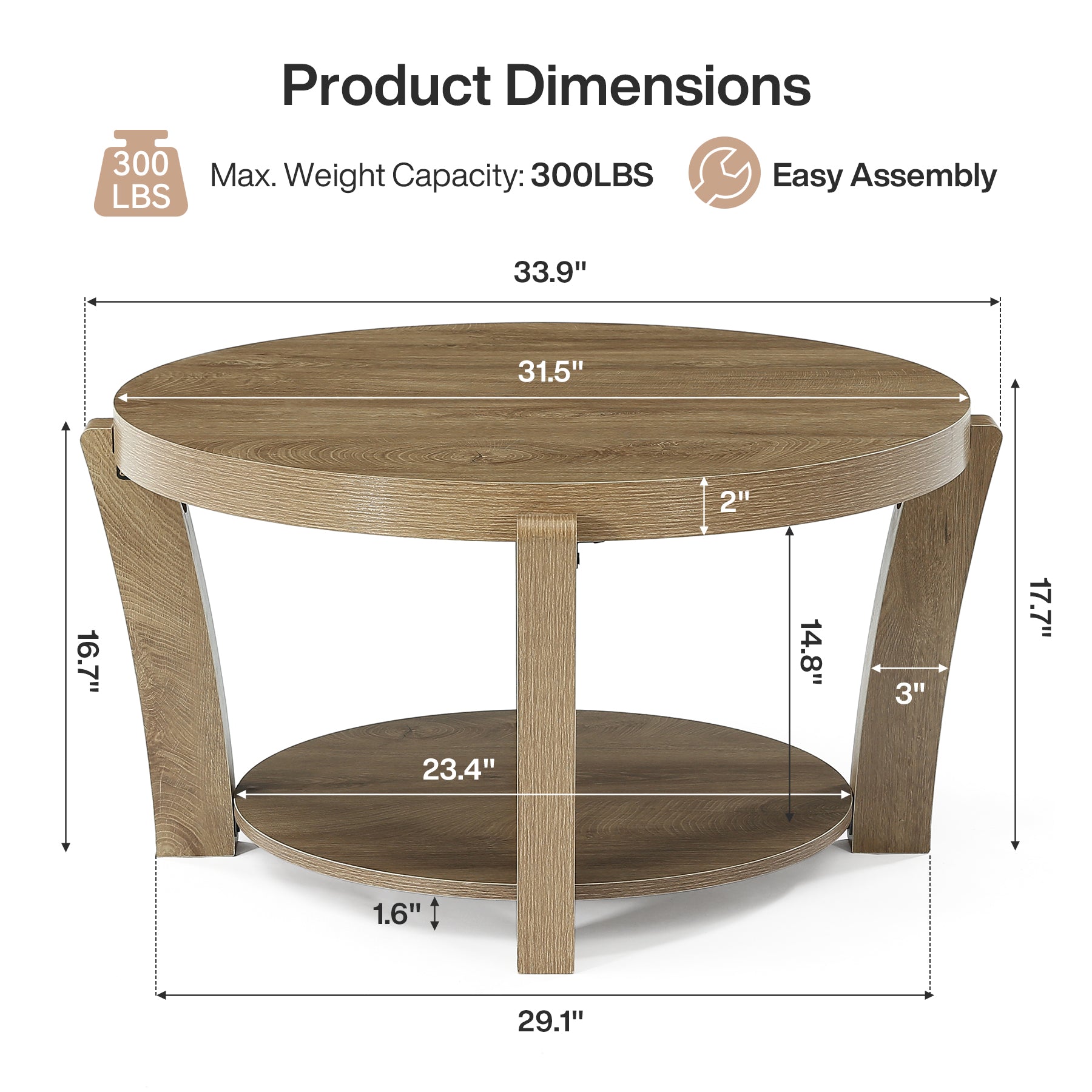 31.5-Inch Round Coffee Table with 2-Tier Open Storage, Farmhouse Wooden Center Table for Living Room