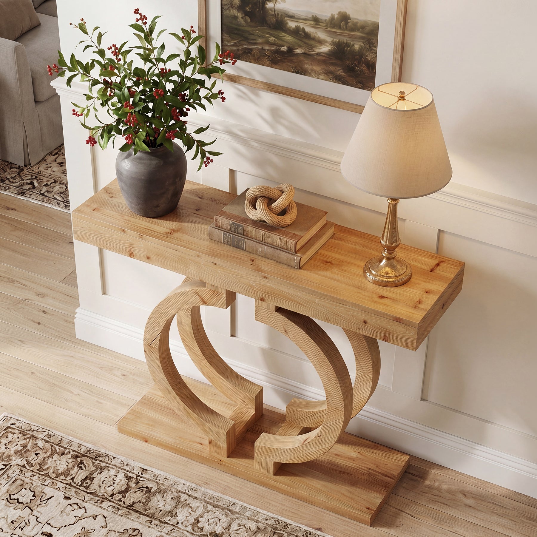 43.3-Inch Solid Wood Console Table with Double-Circle Base, Narrow Entryway Accent Table for Hallway