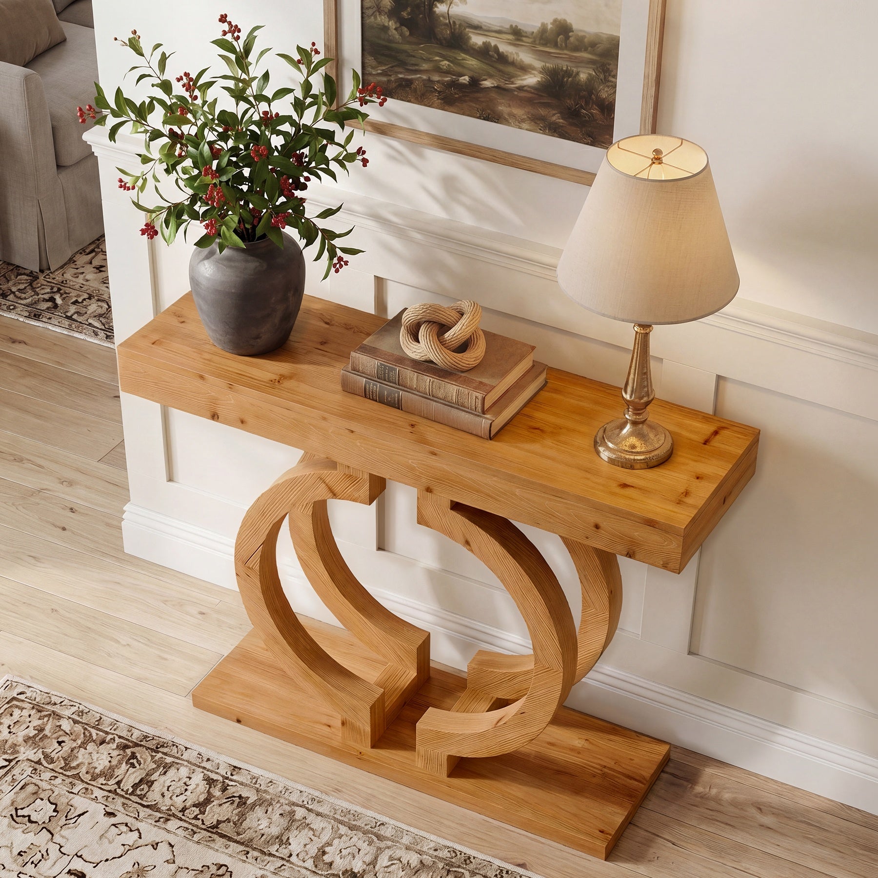 43.3-Inch Solid Wood Console Table with Double-Circle Base, Narrow Entryway Accent Table for Hallway