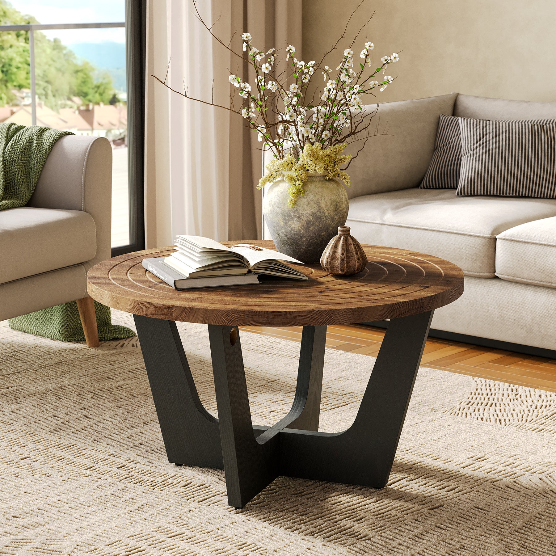 31.5-Inch Round Solid Wood Coffee Table with Ring Groove
