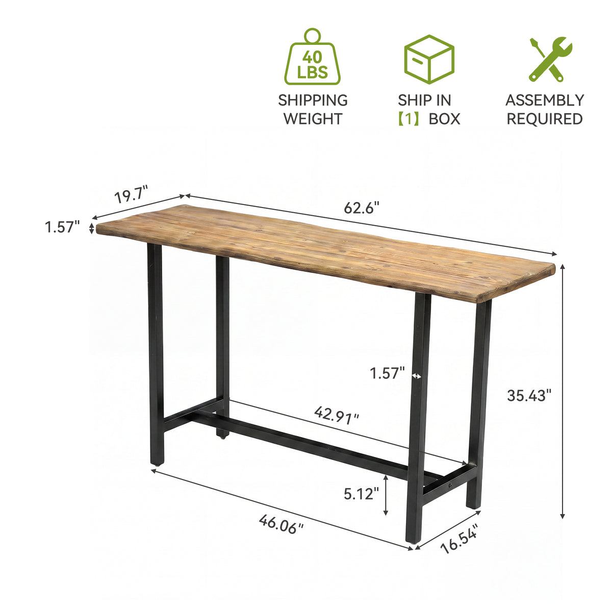63 Inch Solid Wood Bar Table with Metal Footrest, Counter Height Dining Table for Home and Office