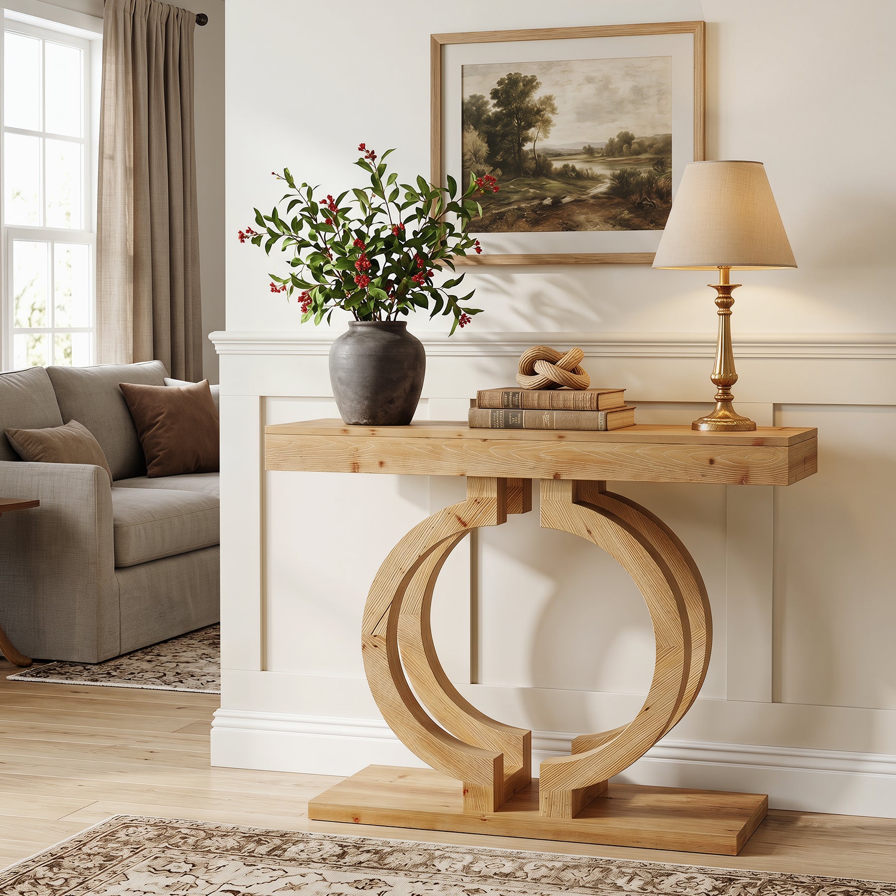 43.3-Inch Solid Wood Console Table with Double-Circle Base, Narrow Entryway Accent Table for Hallway