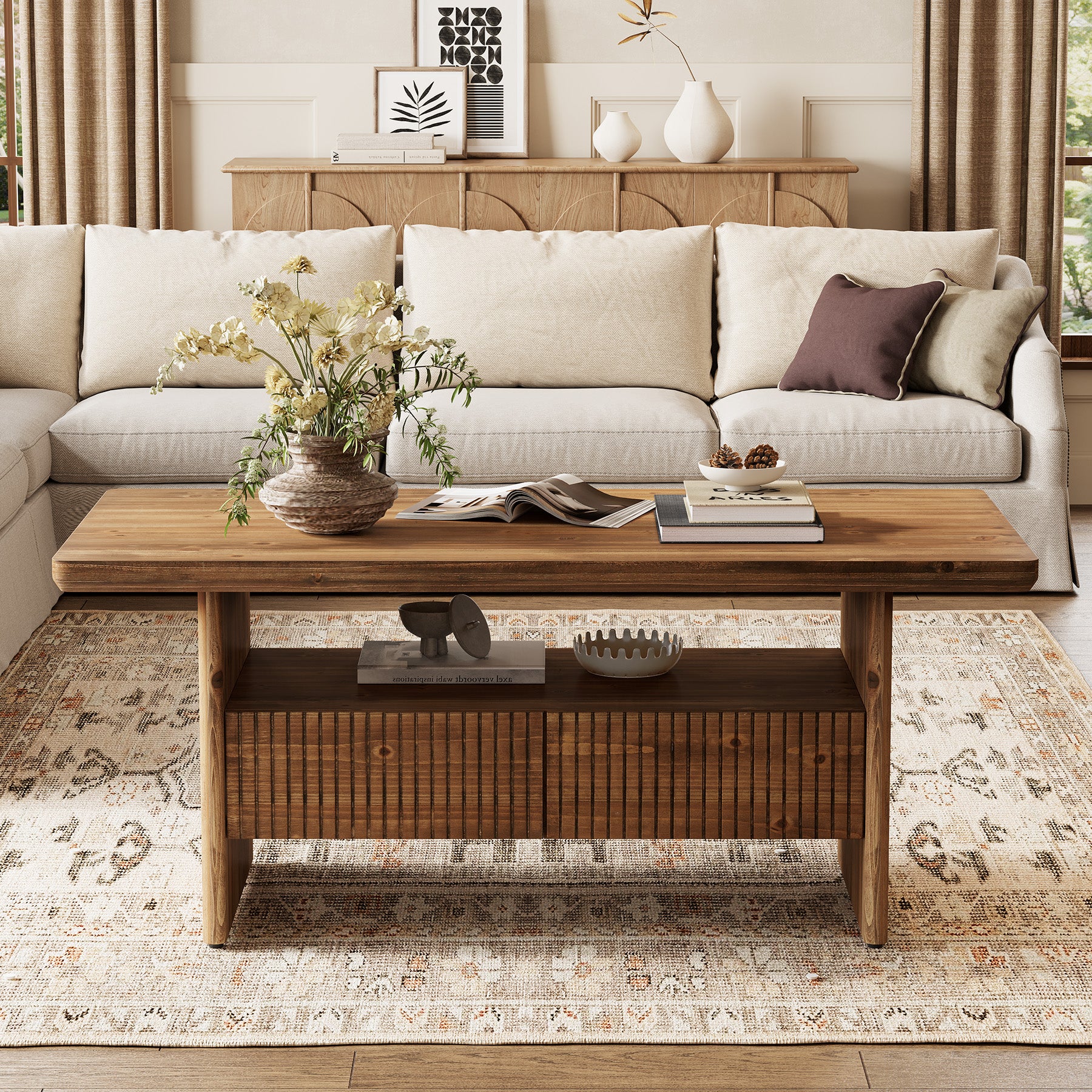 47.24" Solid Wood Coffee Table with Storage, Modern Fluted Two-Tier for Living Room