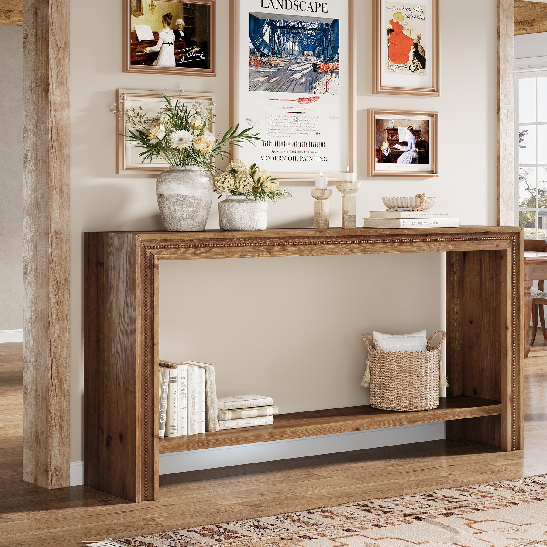 Tribesigns 63-Inch Solid Wood Console Table with Rivet Detailing and 2-Tier Storage Shelf, Farmhouse Narrow Entryway Table for Living Room Hallway and Entryway