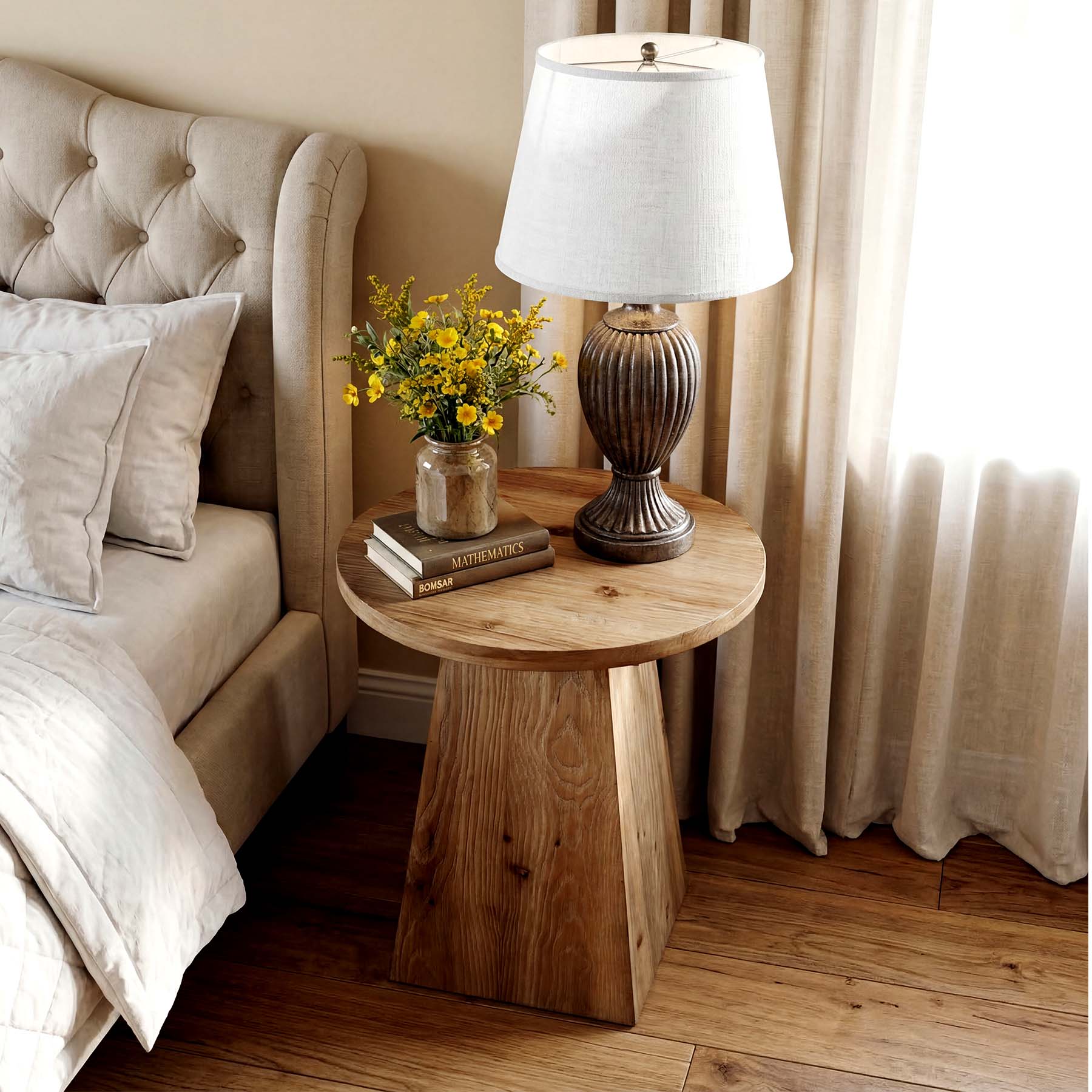 Tribesigns 18.9-Inch Round Solid Wood End Table with Trapezoid Base
