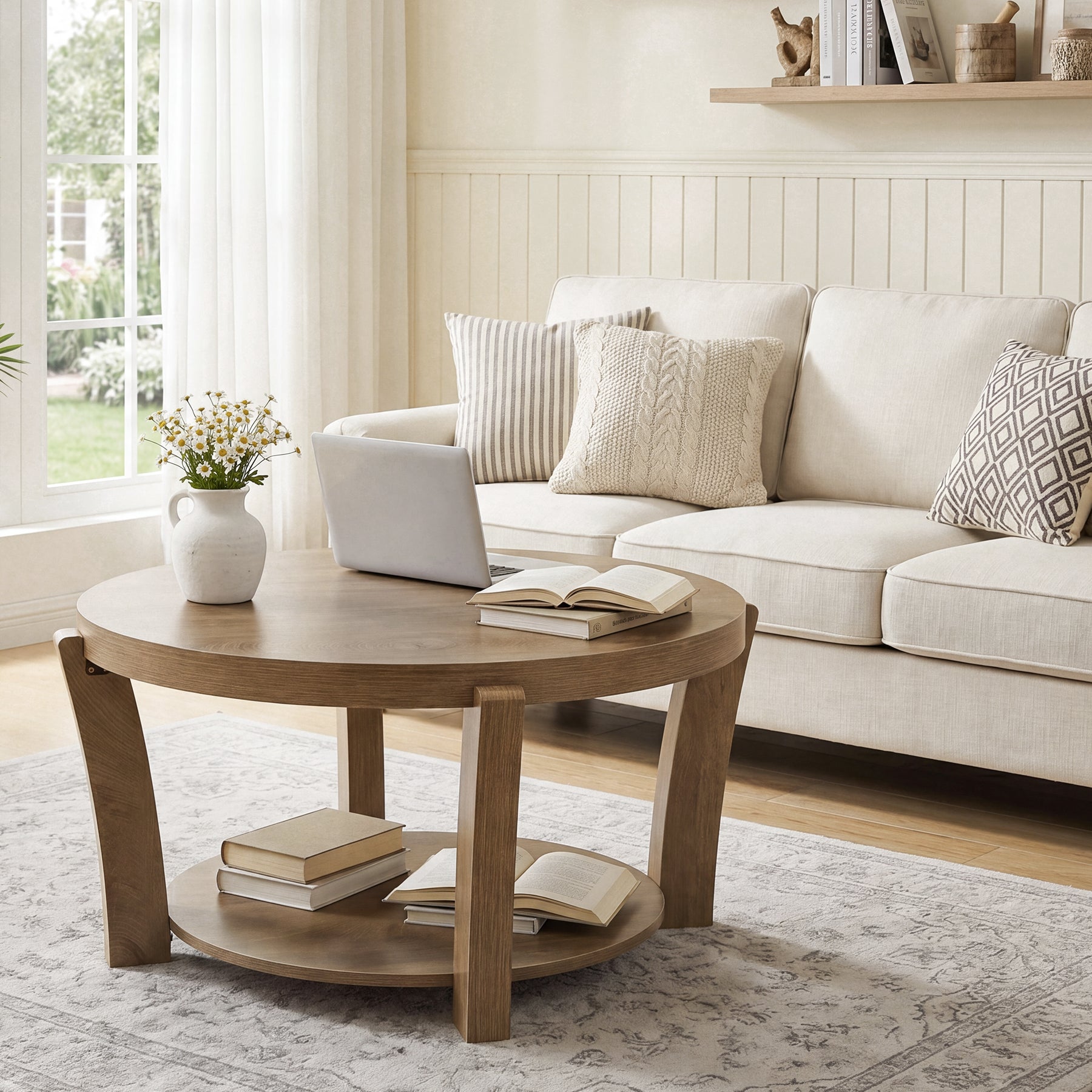 31.5-Inch Round Coffee Table with 2-Tier Open Storage, Farmhouse Wooden Center Table for Living Room