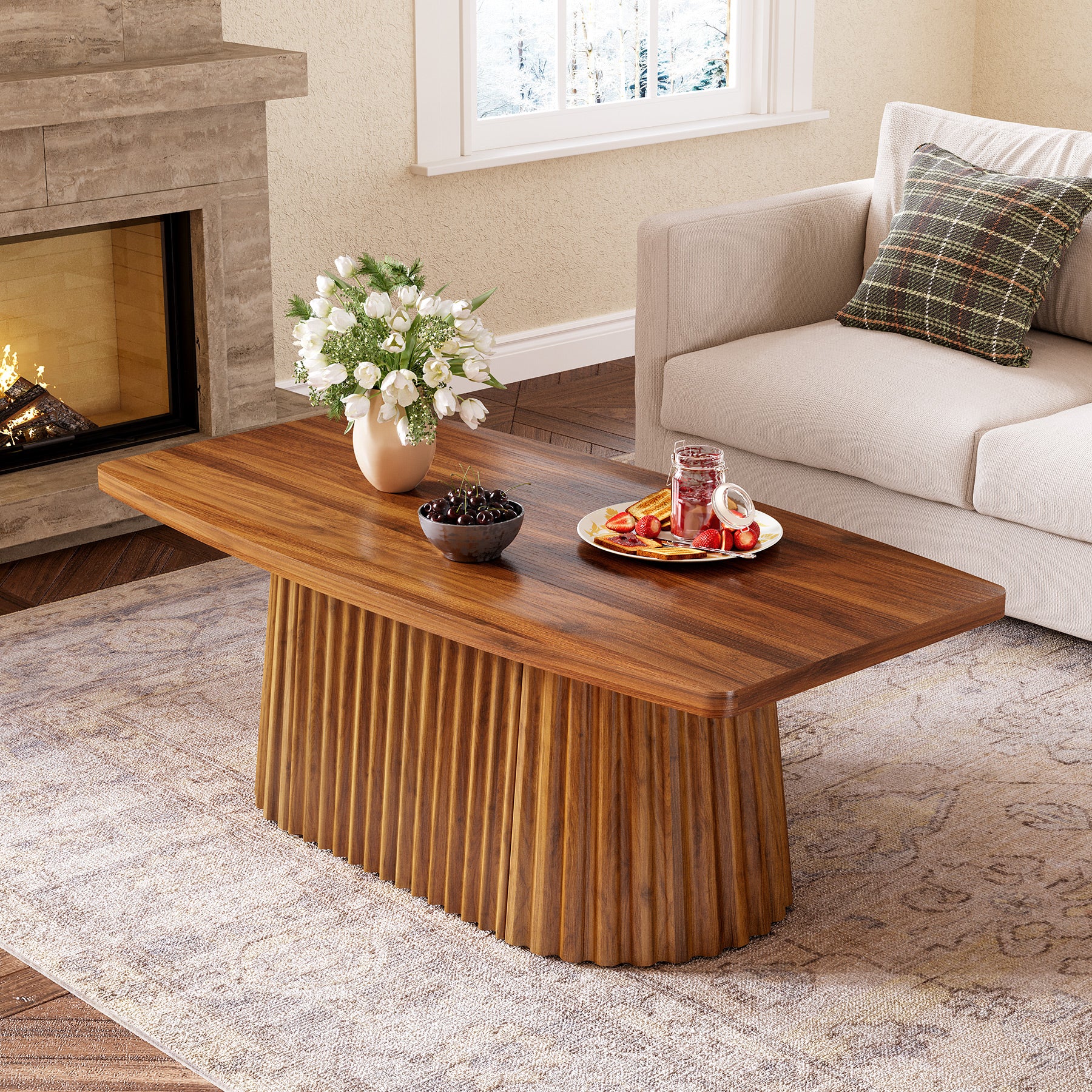 Tribesigns 47.2-Inch Rectangular Coffee Table, Farmhouse Center Table with Pleated Base for Living Room and Family Room