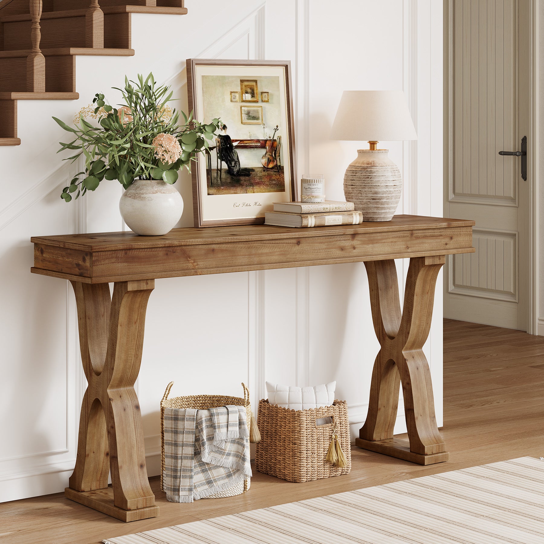 63 Inch Solid Wood Console Table, Farmhouse Narrow Entryway Sofa Table