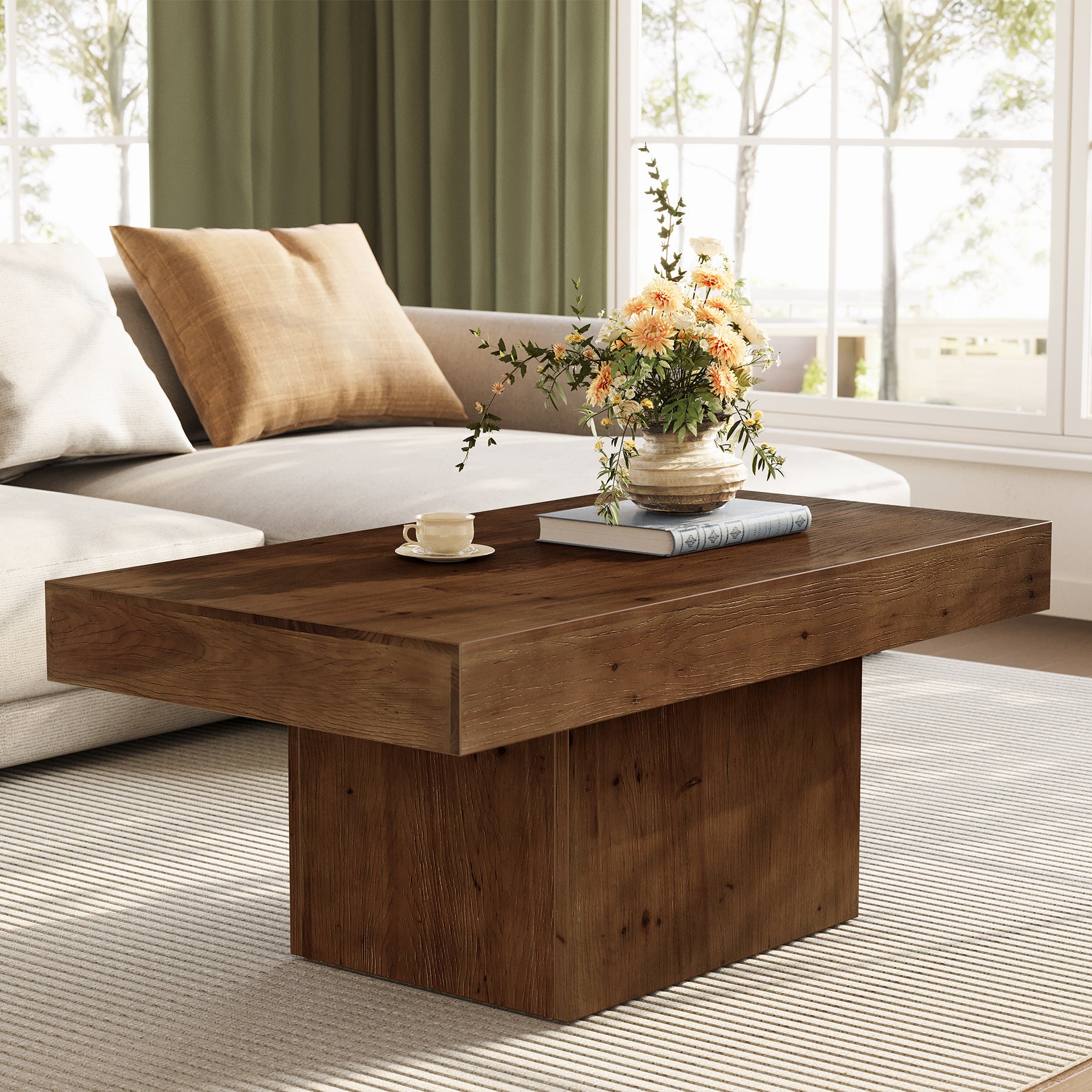 Tribesigns 47.24-Inch Solid Wood Coffee Table, Mid Century Modern Rectangle Center Table with Wooden Pedestal for Living Room