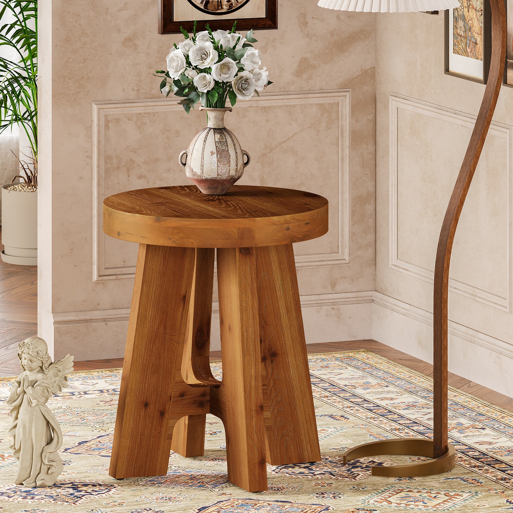 Solid Wood Round Side Table with Heavy-Duty Legs, Farmhouse End Table for Living Room