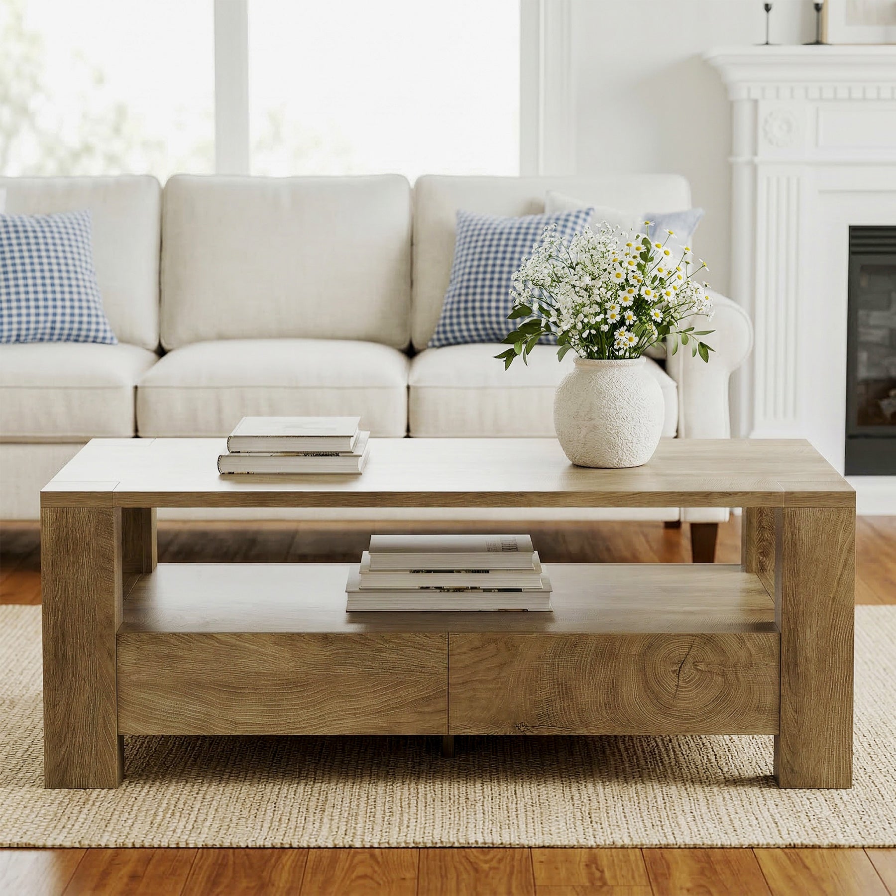 Tribesigns 47-Inch Coffee Table with Storage, Farmhouse Center Table with Drawers & Open Shelf