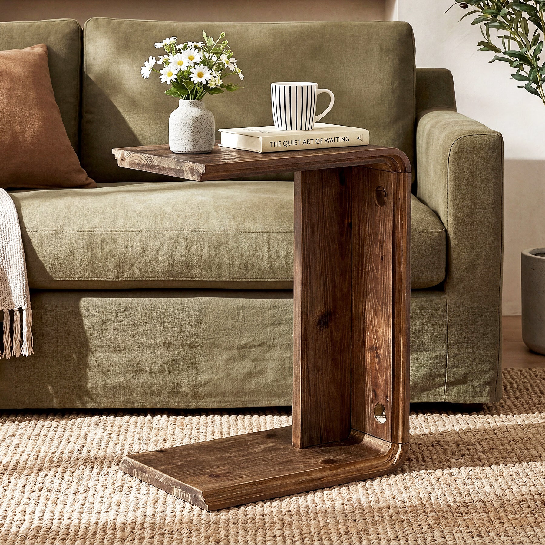 Tribesigns C-Shaped Solid Wood End Table for Small Spaces, Narrow Sofa Side Table for Living Room