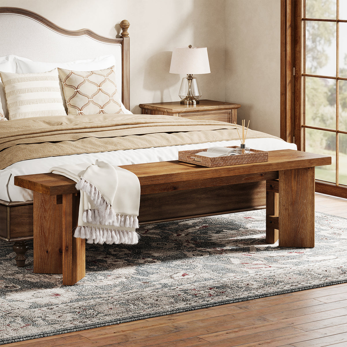 Tribesigns 63 Inch Solid Wood Entryway Bench with Thickened Legs