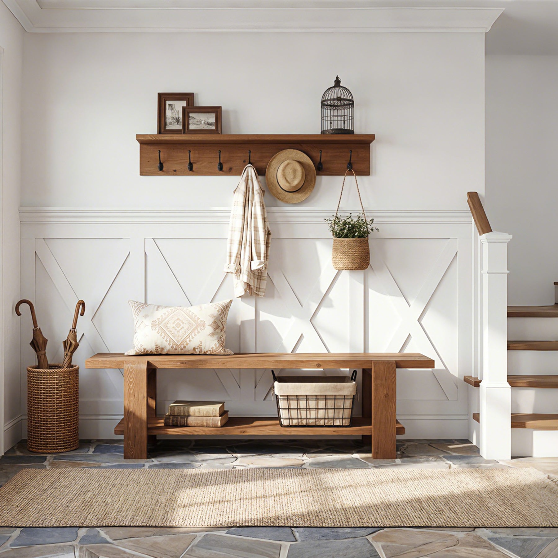 Tribesigns 63-Inch Solid Wood Entryway Bench, Shoe Storage Bench with 2-Tier Shelf for Hallway