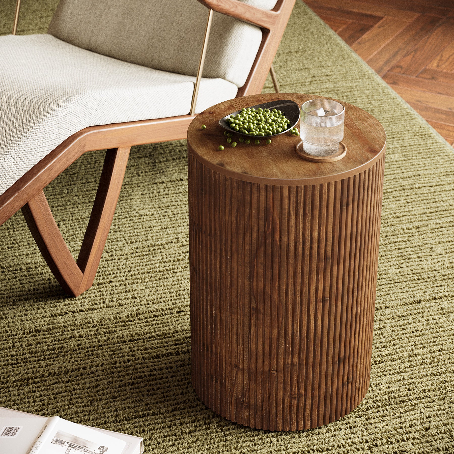Tribesigns Solid Wood Round Side Table with Fluted Design and 4 Wheels, No-Assembly End Table with Storage for Living Room Bedroom and Small Spaces