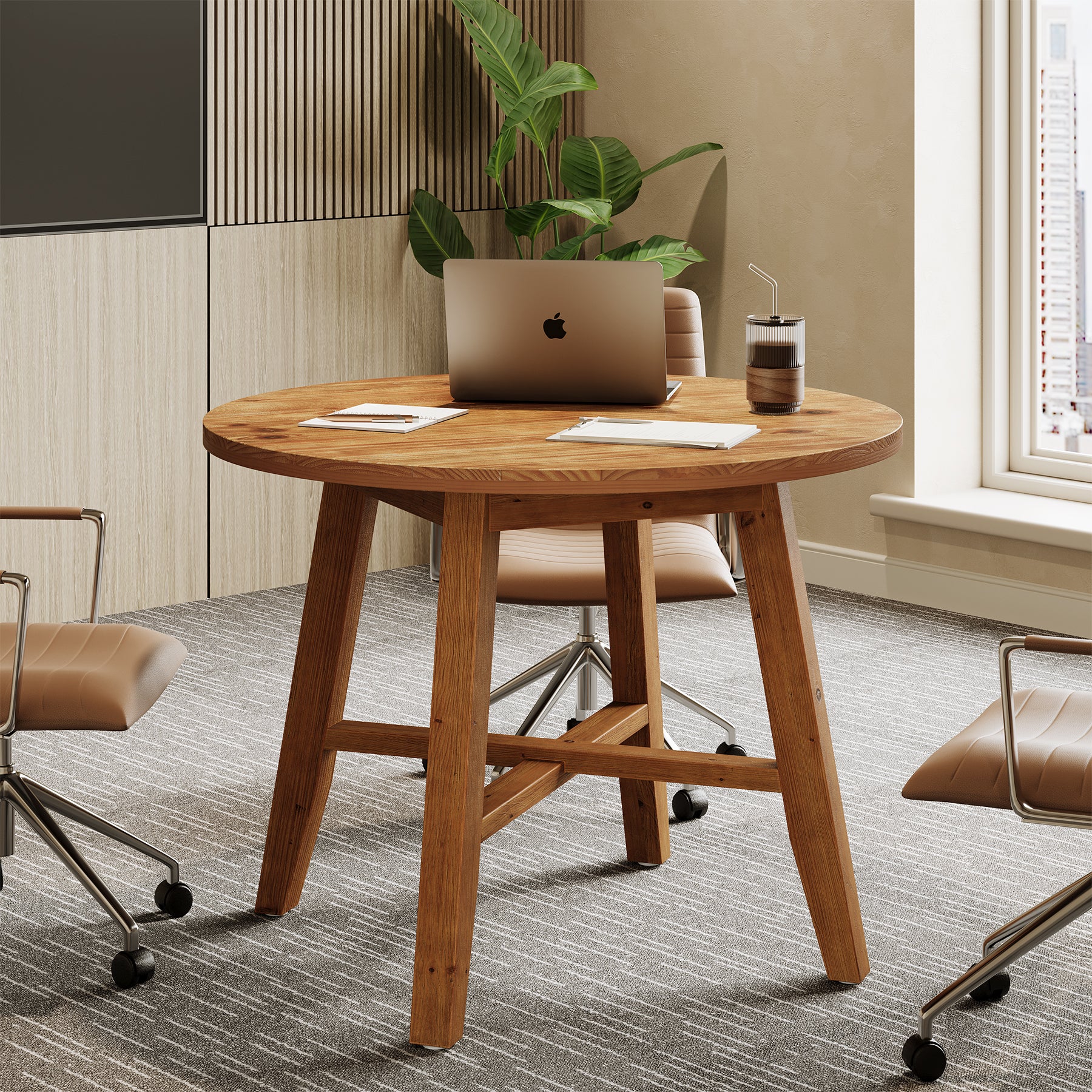 31.5" Solid Wood Round Conference Table for 2–4, Small Space Office Meeting Table