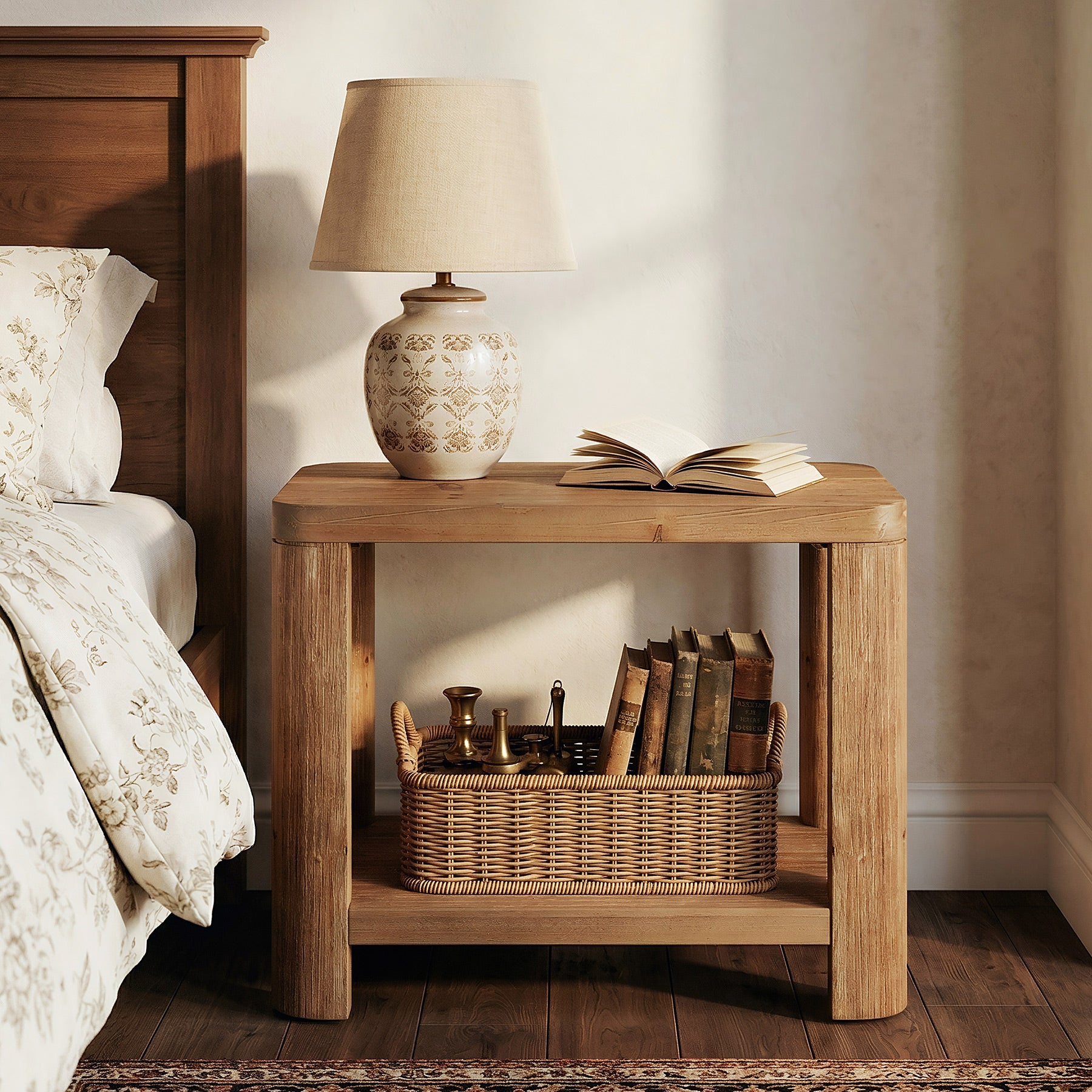 Tribesigns 27 Inch Solid Wood Side Table with 2-Tier Shelf, Farmhouse Bedside Table for Bedroom