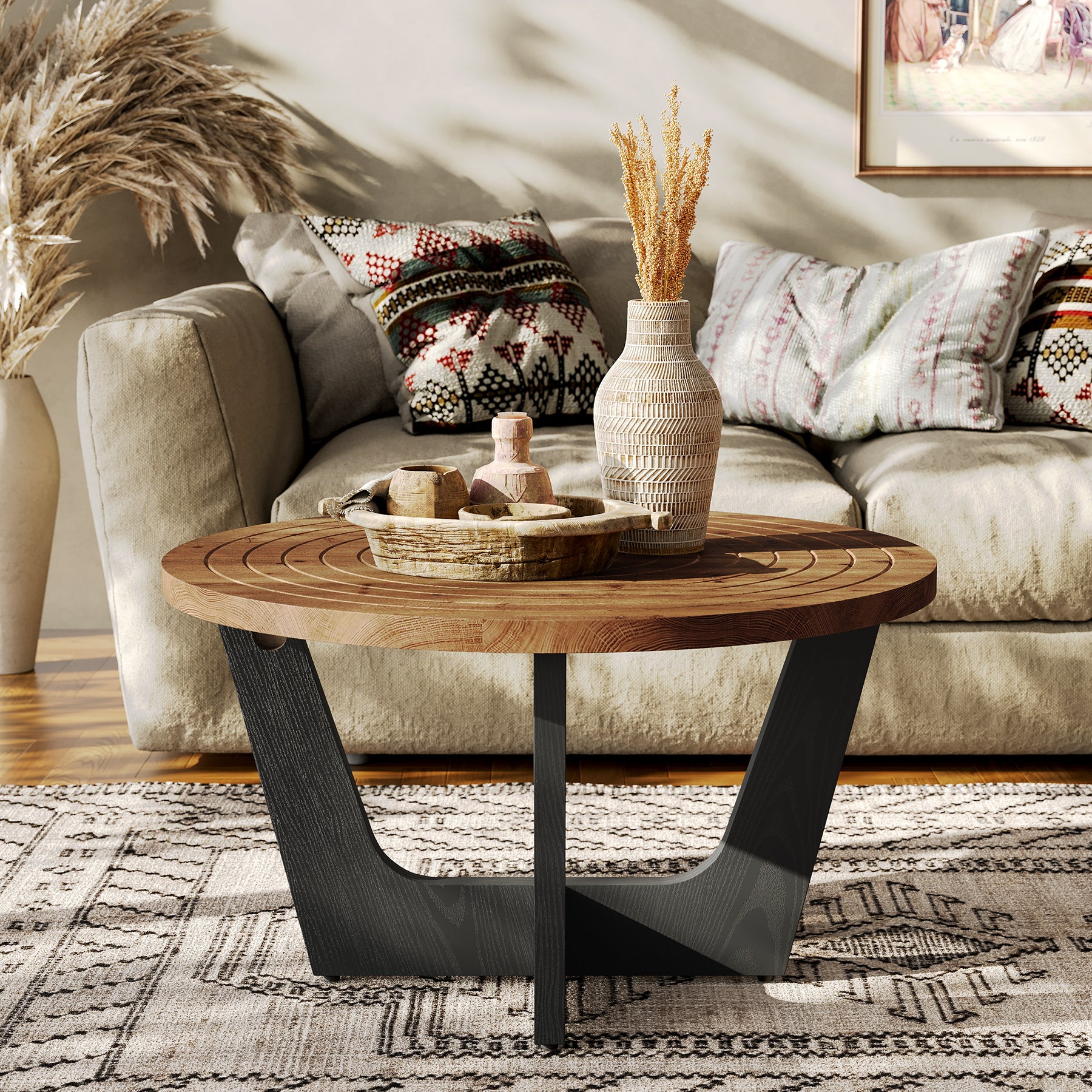 31.5-Inch Round Solid Wood Coffee Table with Ring Groove