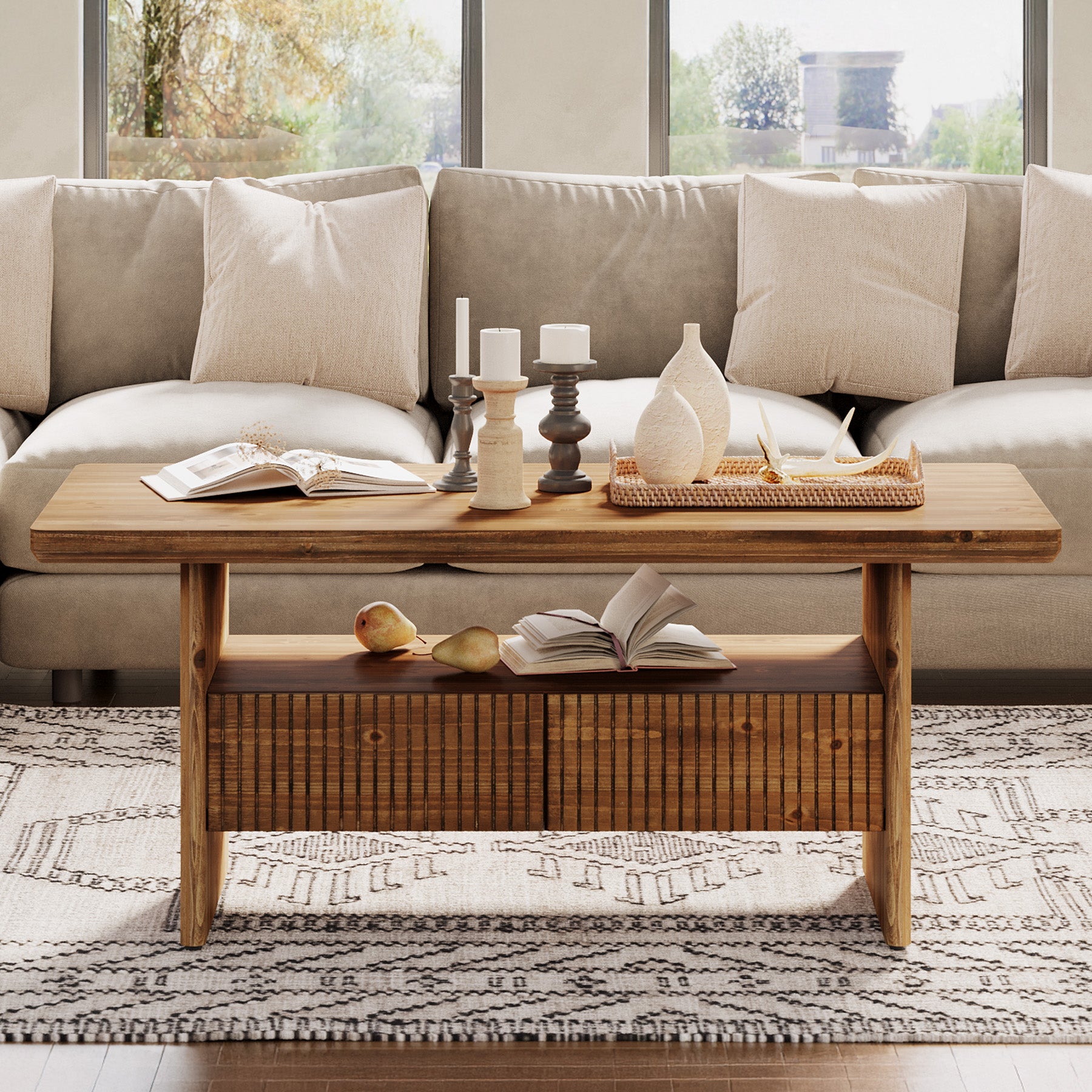 47.24" Solid Wood Coffee Table with Storage, Modern Fluted Two-Tier for Living Room