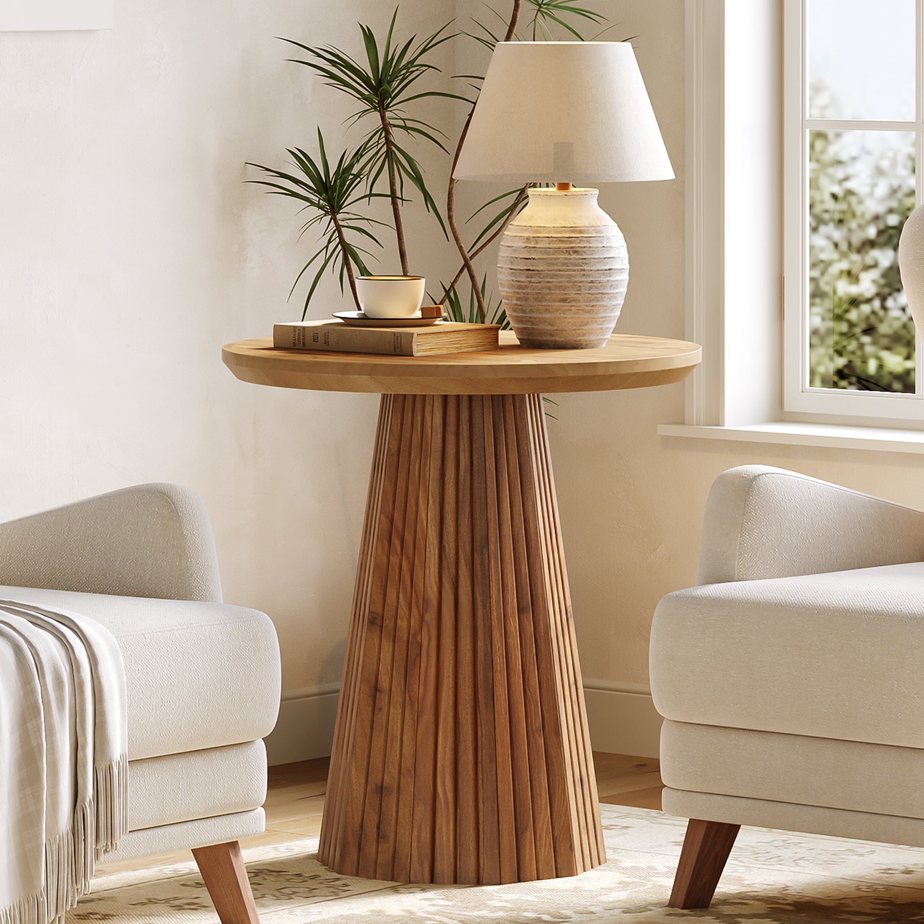 Tribesigns 19.7-Inch Solid Wood End Table with Fluted Base, Small Round Side Table for Small Spaces