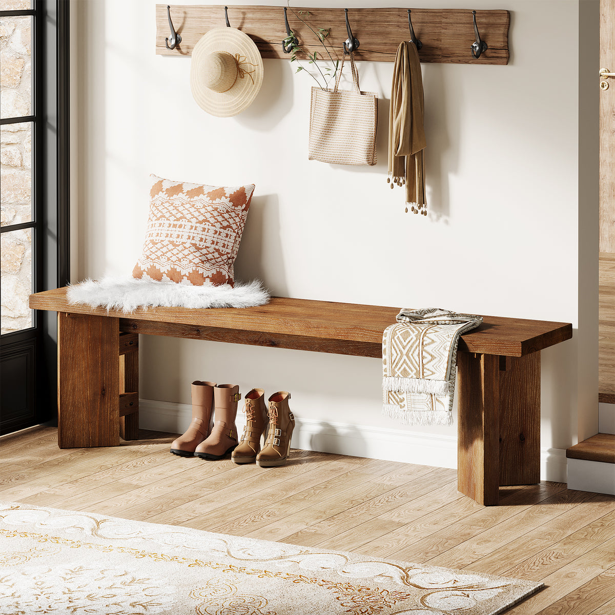 Tribesigns 63 Inch Solid Wood Entryway Bench with Thickened Legs