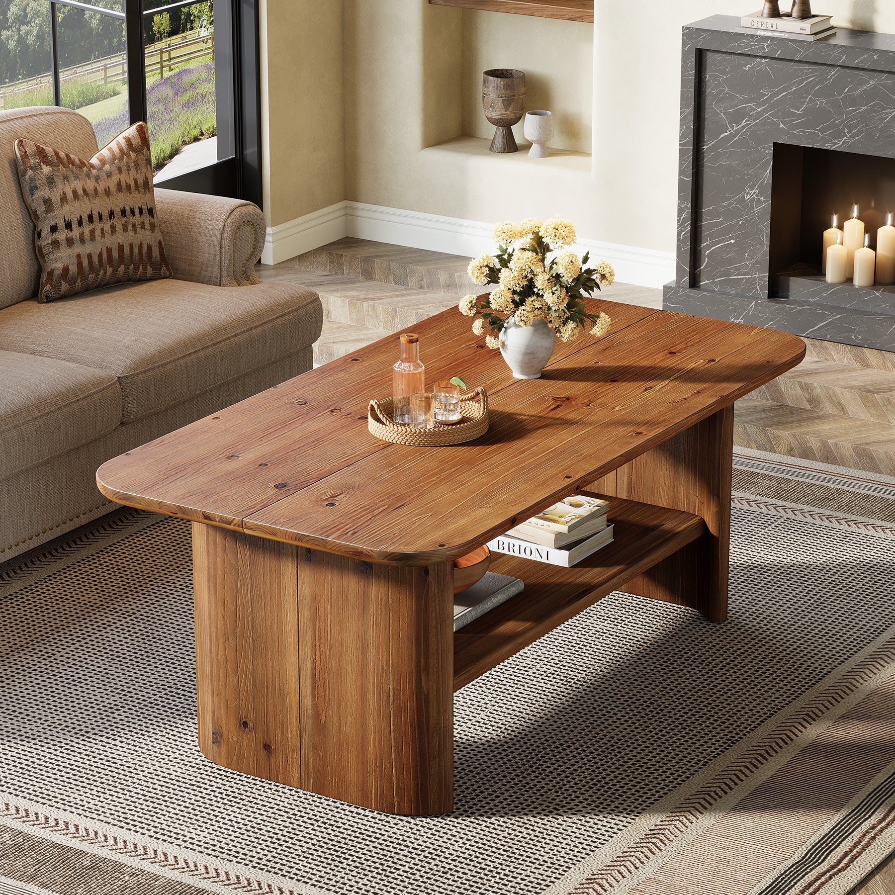 47" Solid Wood Coffee Table with 2-Tier Storage, Rectangular Living Room Center Table
