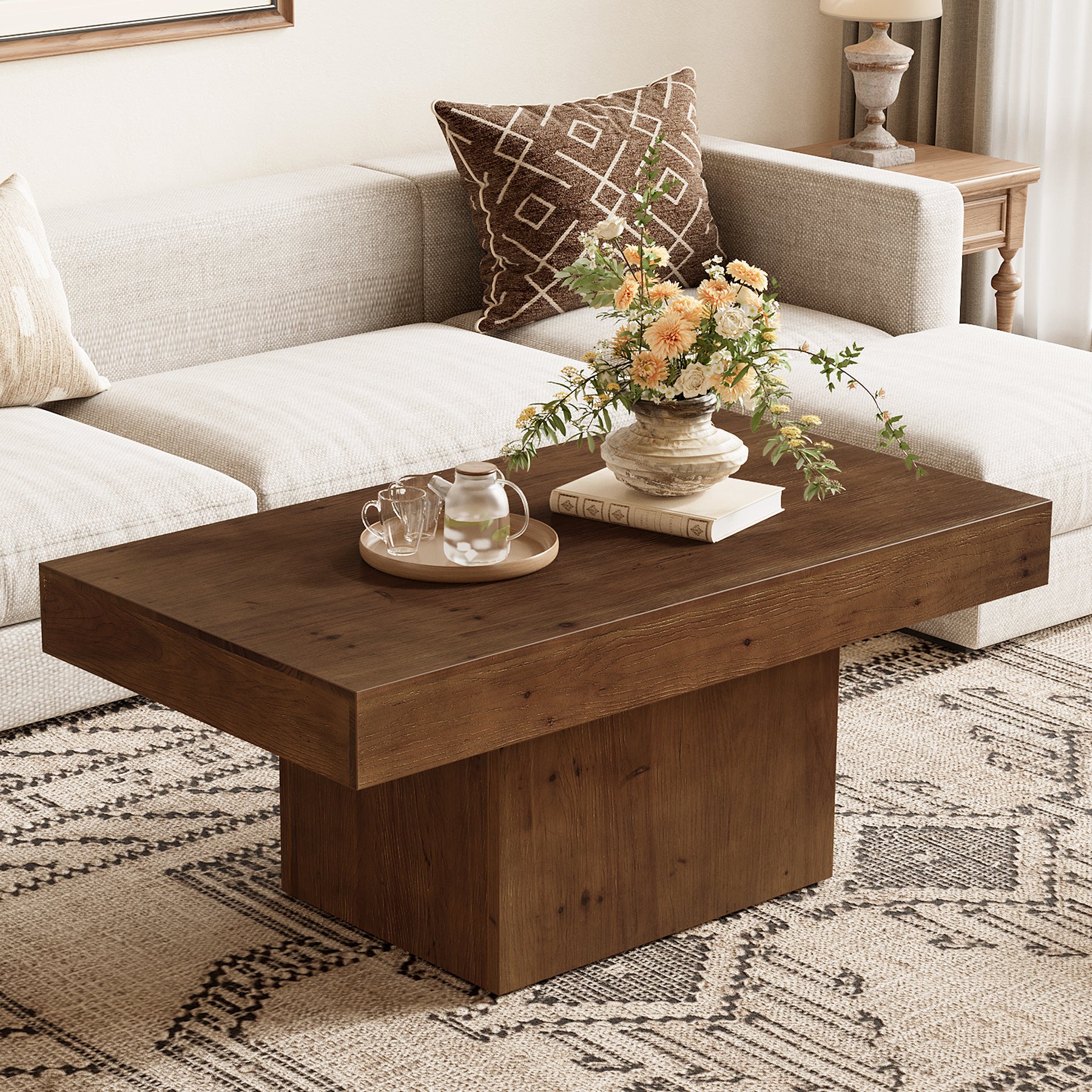 Tribesigns 47.24-Inch Solid Wood Coffee Table, Mid Century Modern Rectangle Center Table with Wooden Pedestal for Living Room