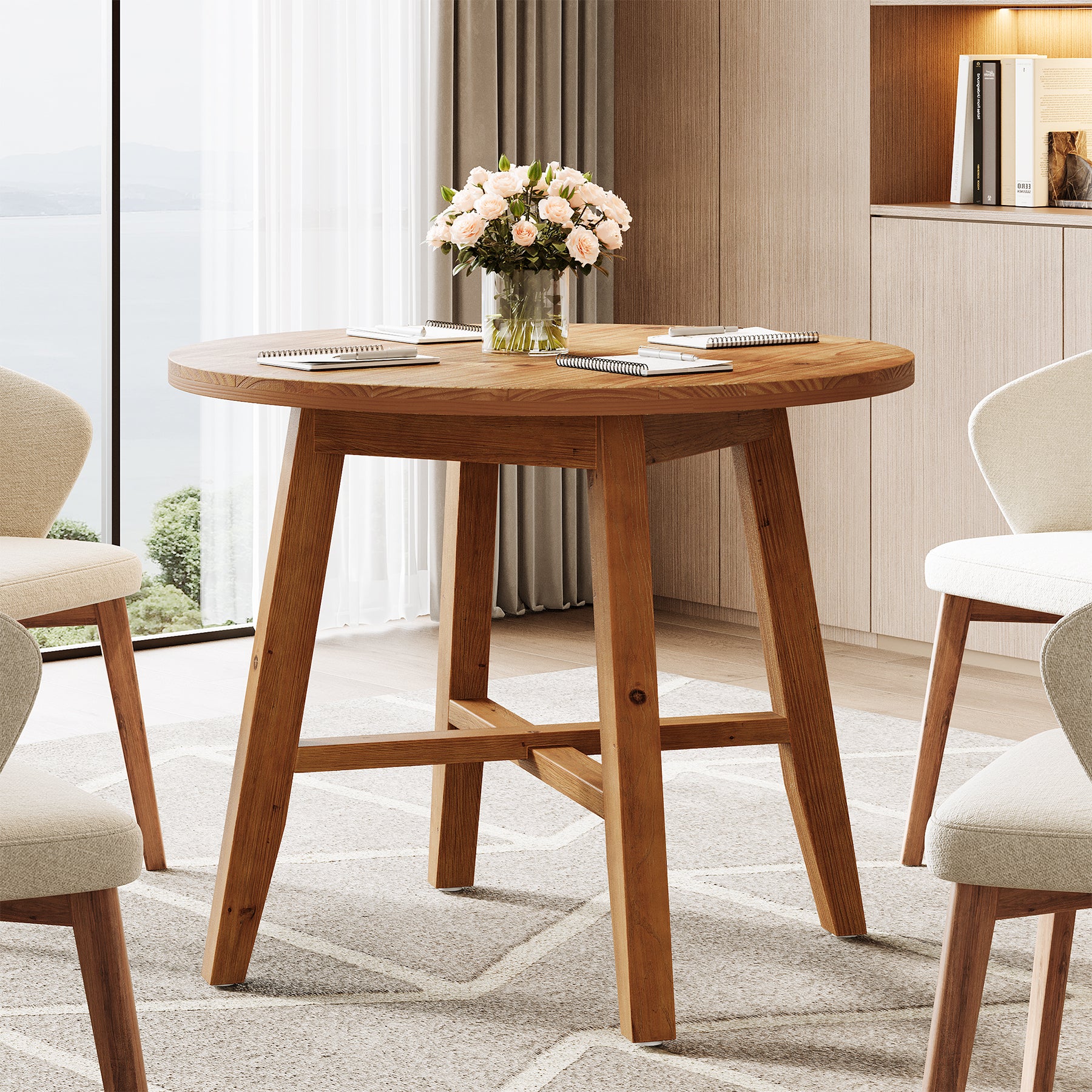 31.5" Solid Wood Round Conference Table for 2–4, Small Space Office Meeting Table