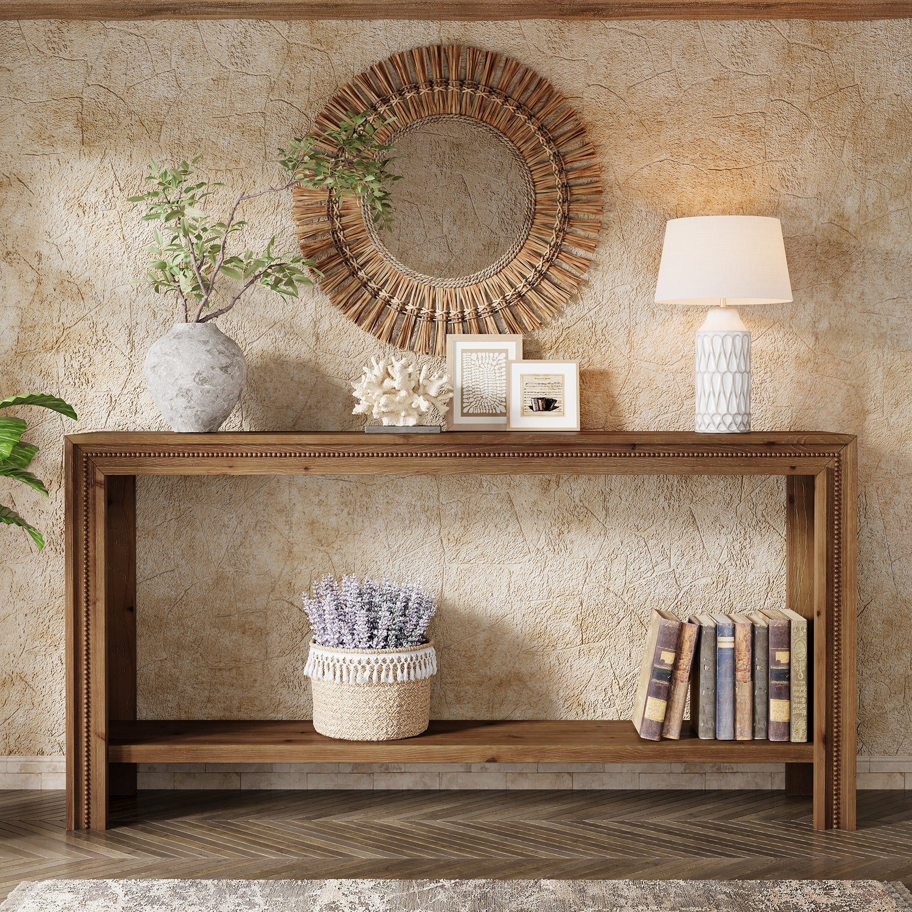 Tribesigns 63-Inch Solid Wood Console Table with Rivet Detailing and 2-Tier Storage Shelf, Farmhouse Narrow Entryway Table for Living Room Hallway and Entryway