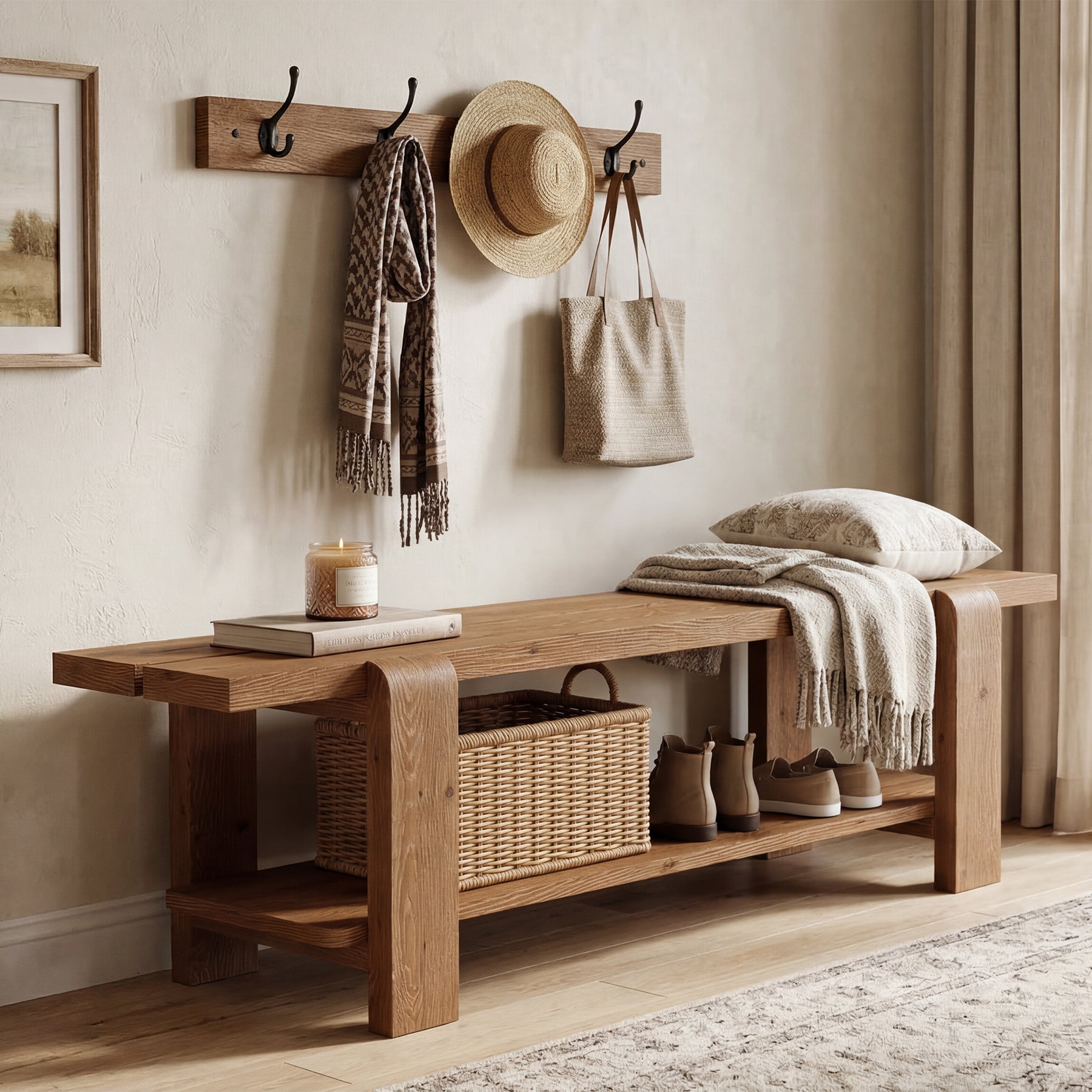 Tribesigns 63-Inch Solid Wood Entryway Bench, Shoe Storage Bench with 2-Tier Shelf for Hallway