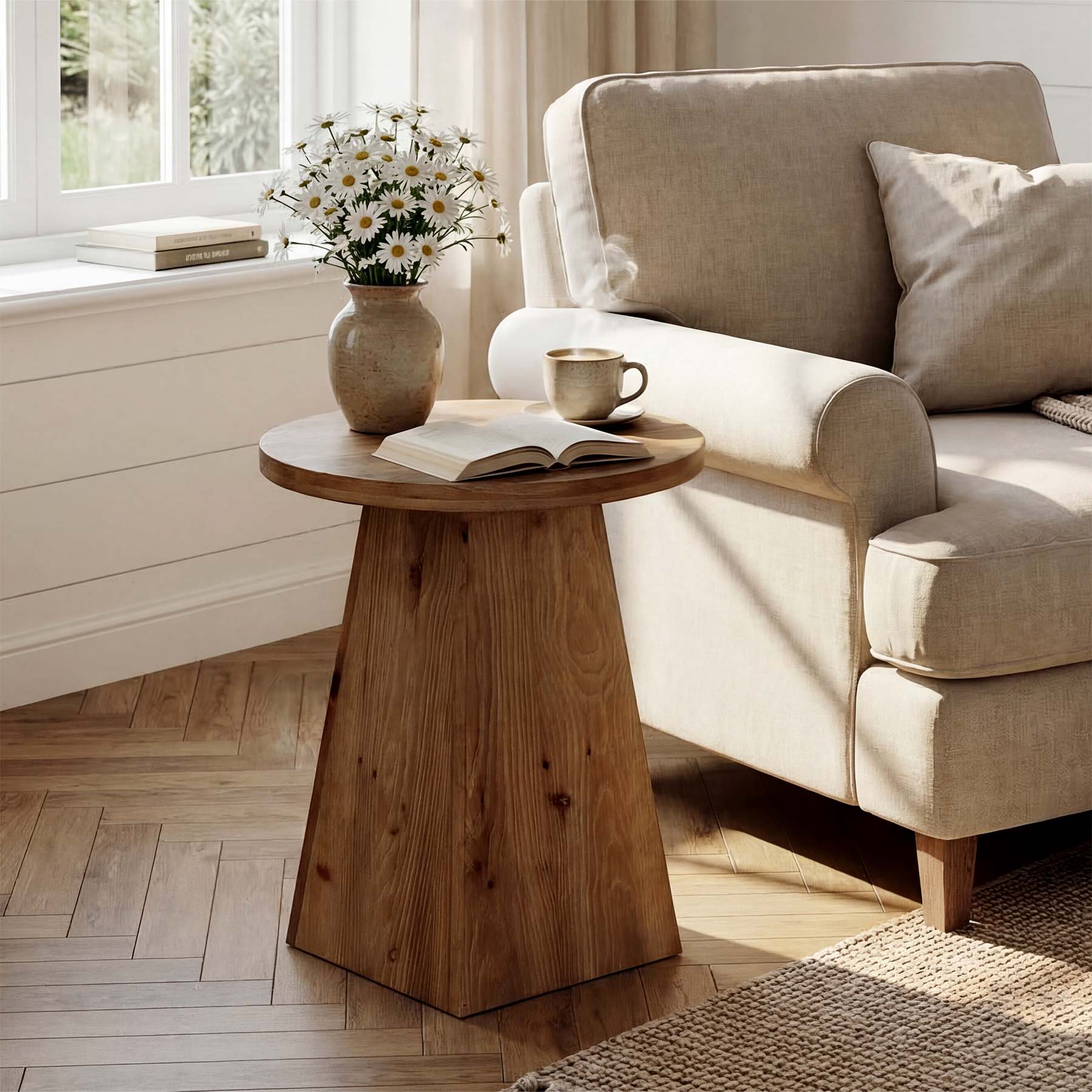 Tribesigns 18.9-Inch Round Solid Wood End Table with Trapezoid Base