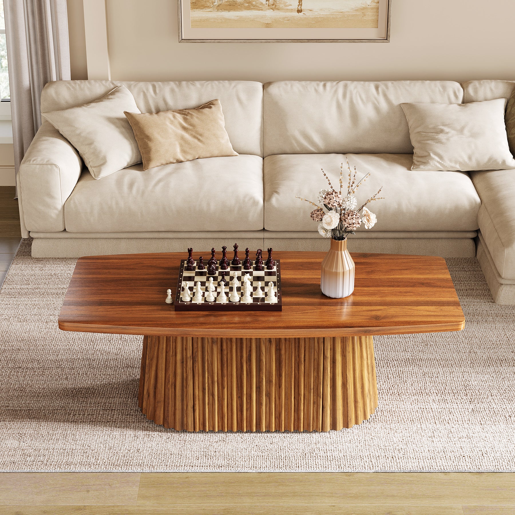 Tribesigns 47.2-Inch Rectangular Coffee Table, Farmhouse Center Table with Pleated Base for Living Room and Family Room
