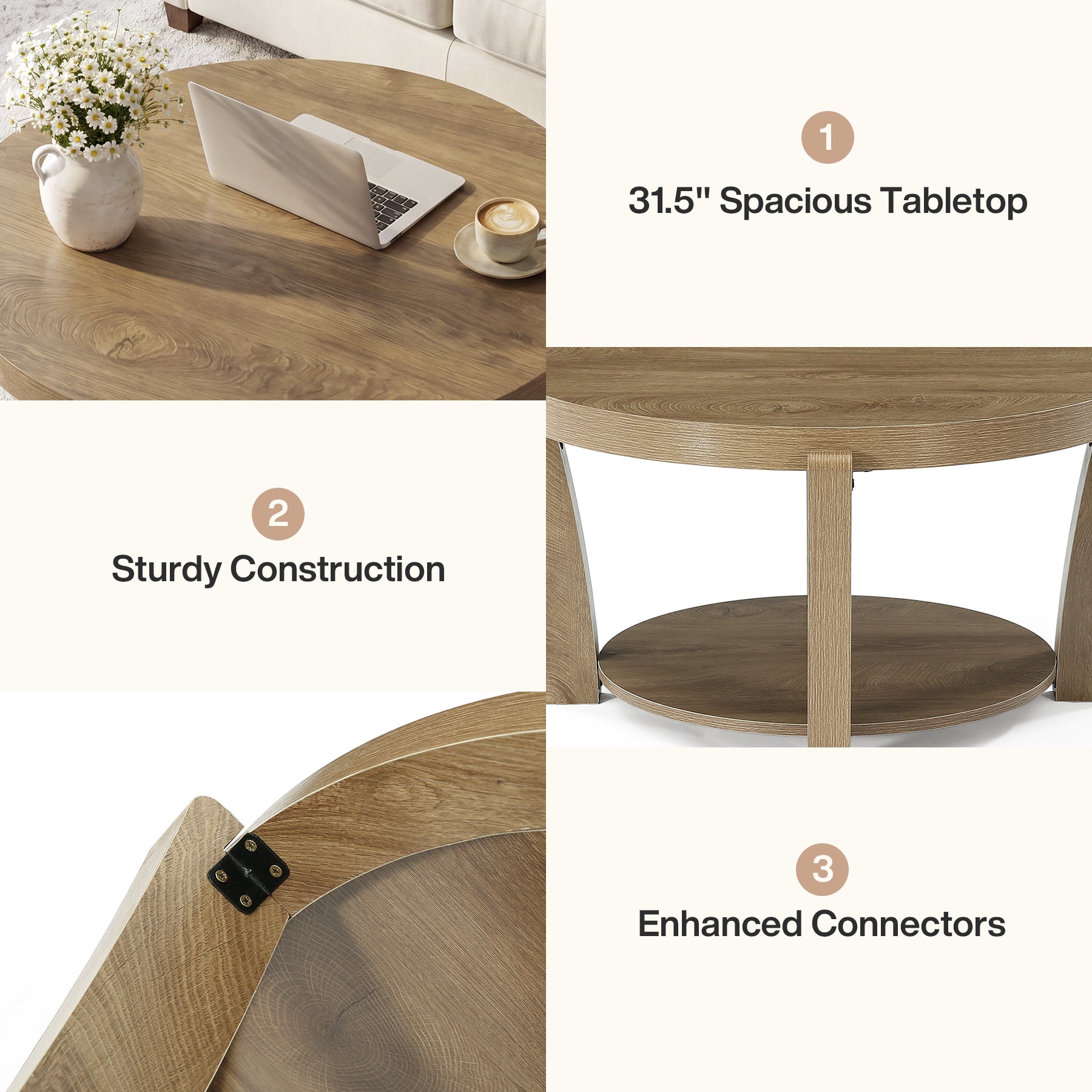 31.5-Inch Round Coffee Table with 2-Tier Open Storage, Farmhouse Wooden Center Table for Living Room