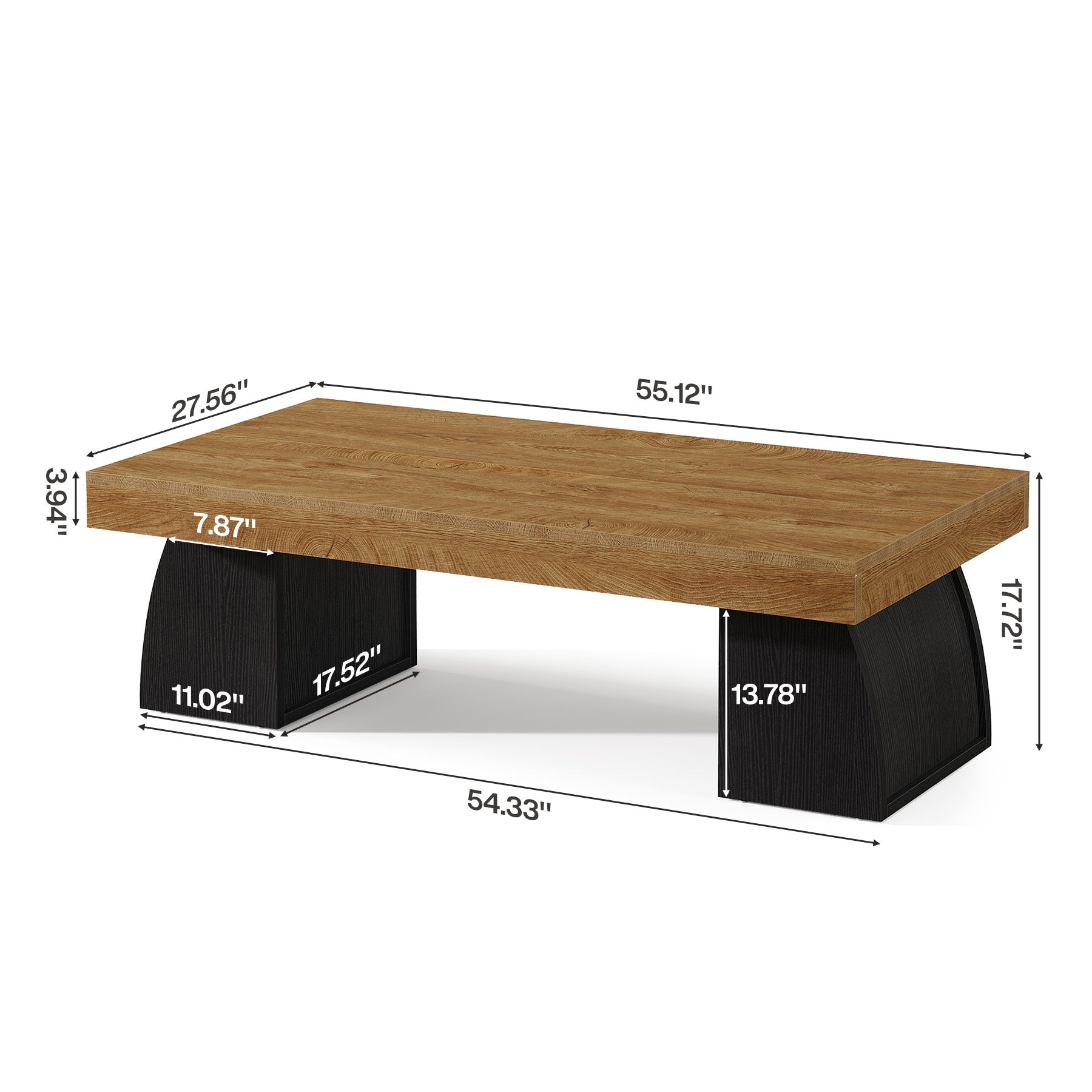 55.12 Inch Farmhouse Coffee Table with Curved Support Base, Rectangular Center Table for Living Room