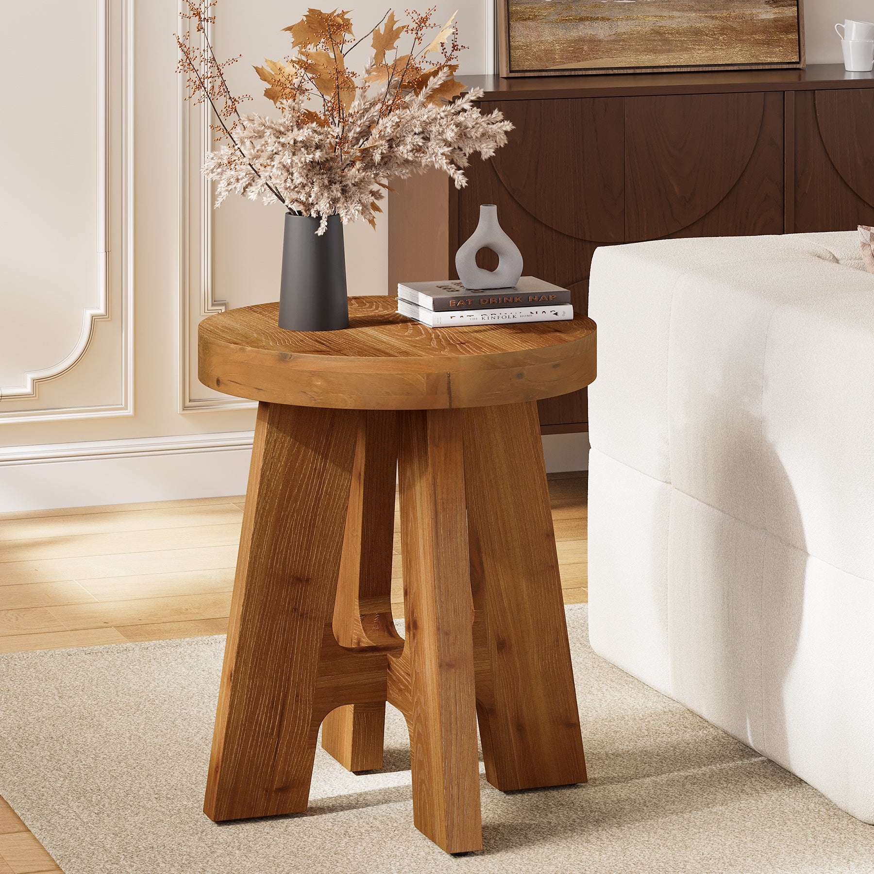 Solid Wood Round Side Table with Heavy-Duty Legs, Farmhouse End Table for Living Room