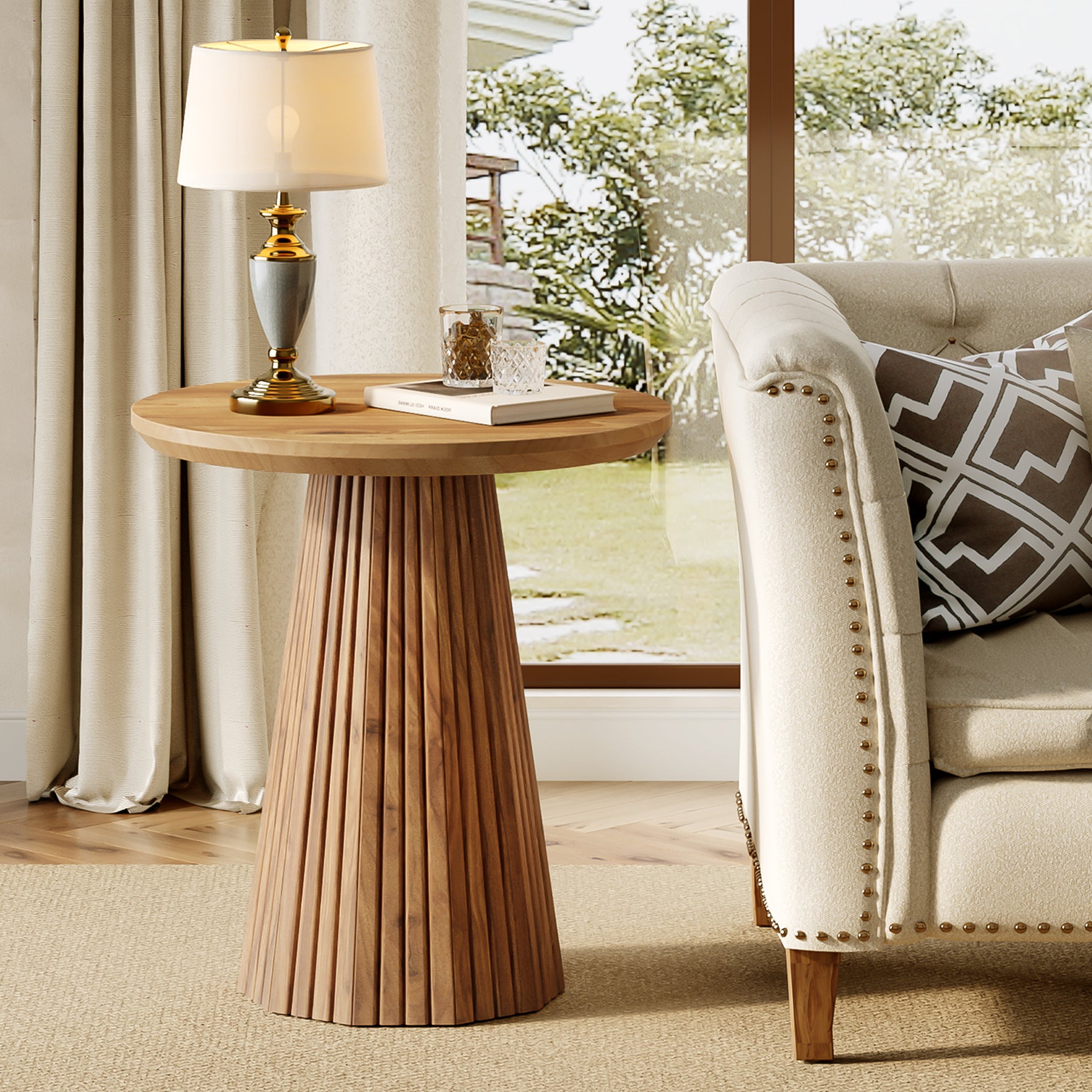 Tribesigns 19.7-Inch Solid Wood End Table with Fluted Base, Small Round Side Table for Small Spaces