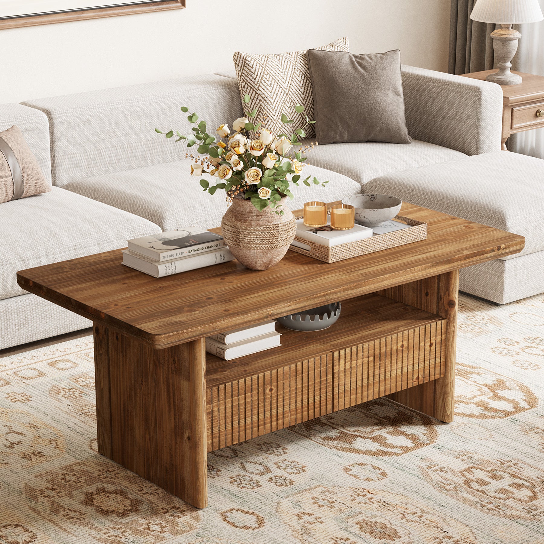 47.24" Solid Wood Coffee Table with Storage, Modern Fluted Two-Tier for Living Room