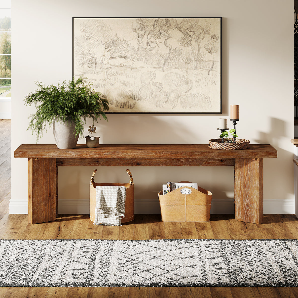 Tribesigns 63 Inch Solid Wood Entryway Bench with Thickened Legs