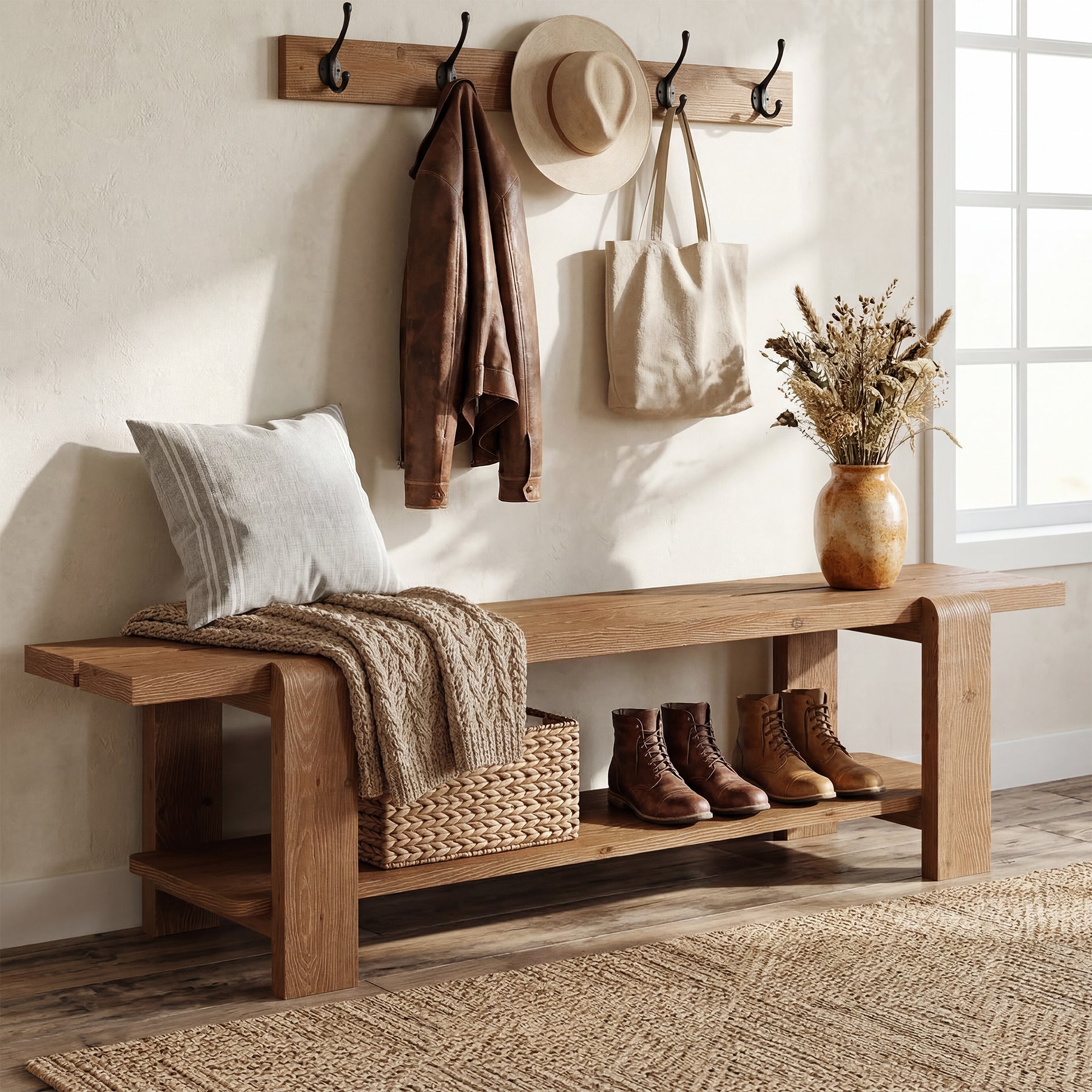 Tribesigns 63-Inch Solid Wood Entryway Bench, Shoe Storage Bench with 2-Tier Shelf for Hallway