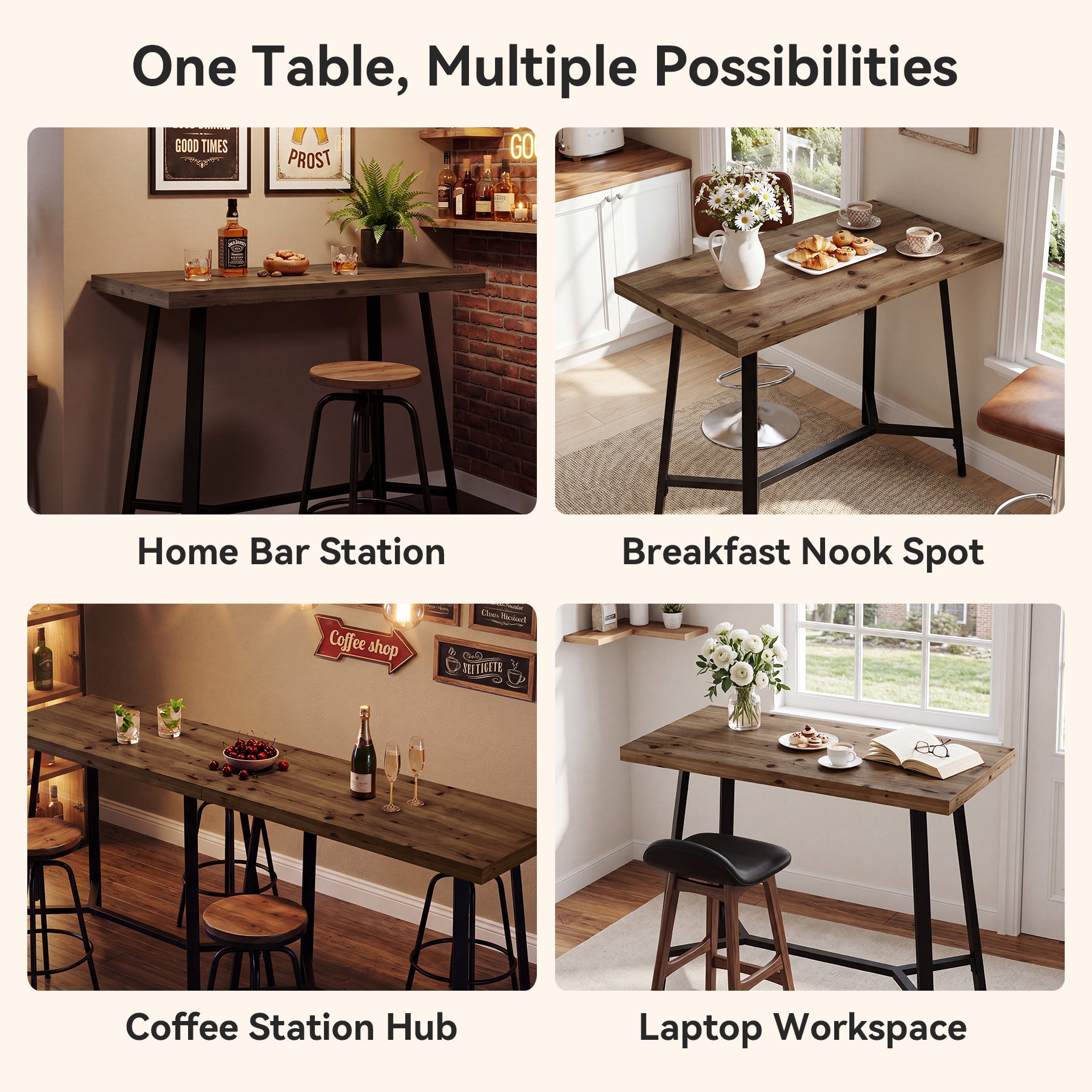 Tribesigns 41.3-Inch Solid Wood Bar Table with Footrest, Industrial Pub Table for Small Kitchens