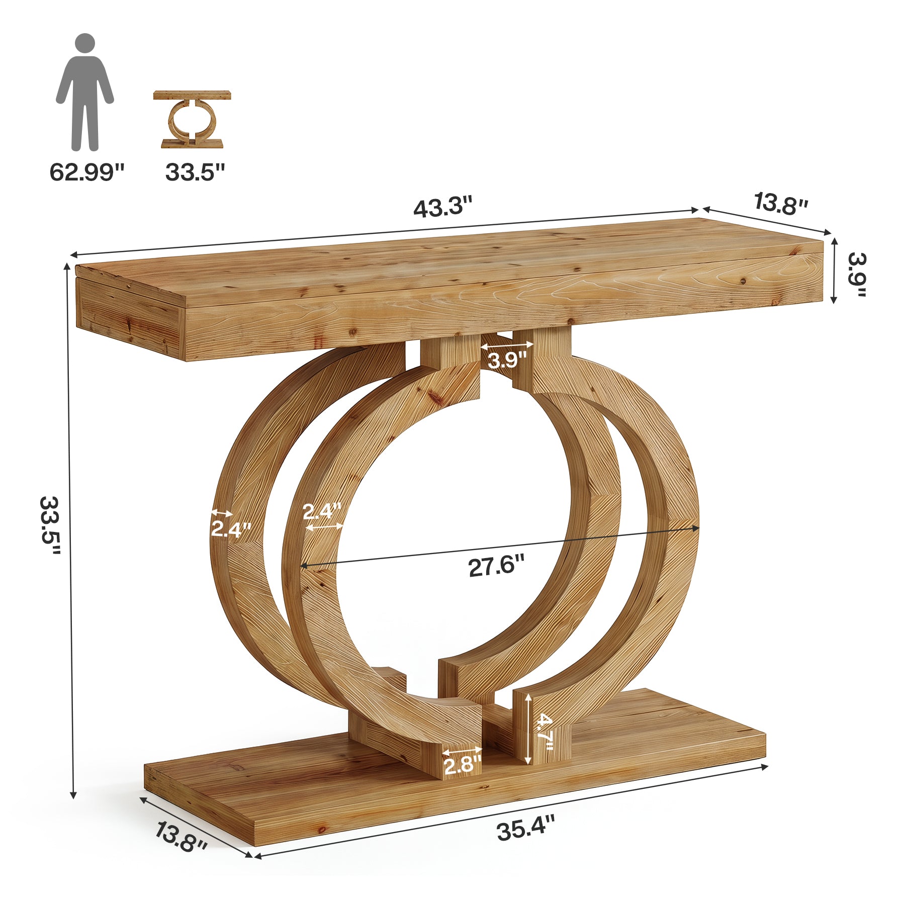 43.3-Inch Solid Wood Console Table with Double-Circle Base, Narrow Entryway Accent Table for Hallway
