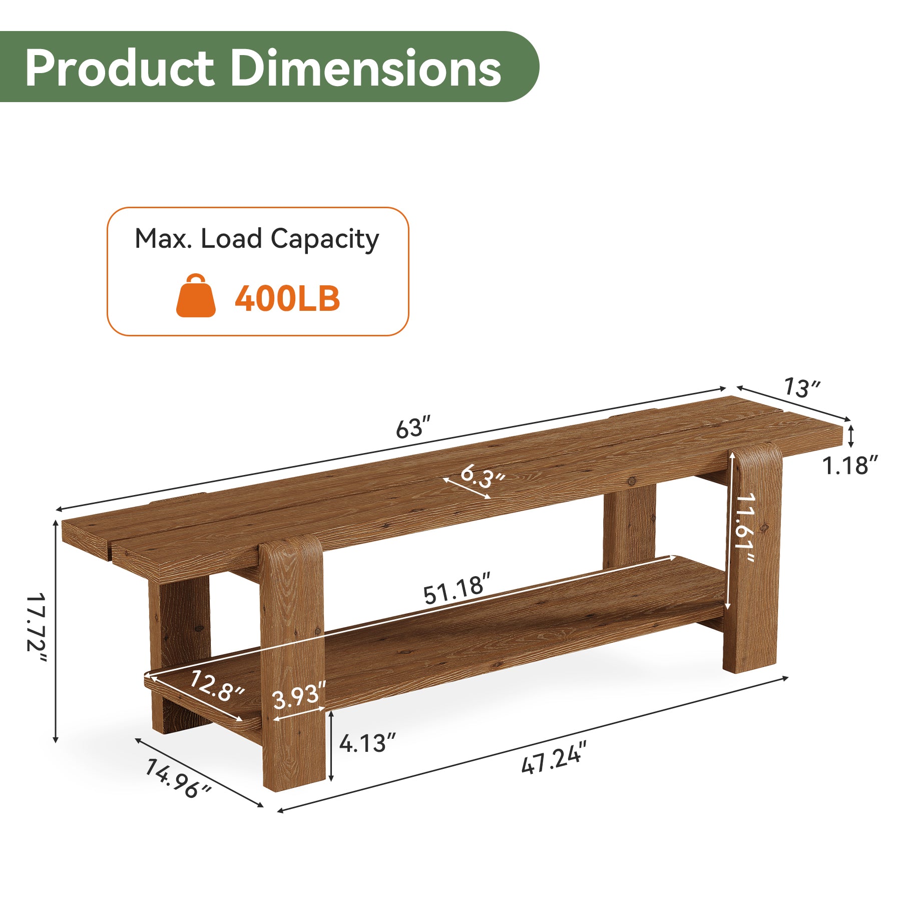 Tribesigns 63-Inch Solid Wood Entryway Bench, Shoe Storage Bench with 2-Tier Shelf for Hallway